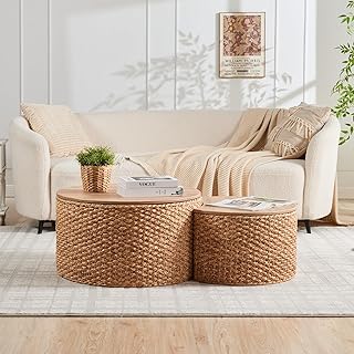 Round Nesting Coffee Table Set of 2 with Storage - Handwoven Wicker Ratt...