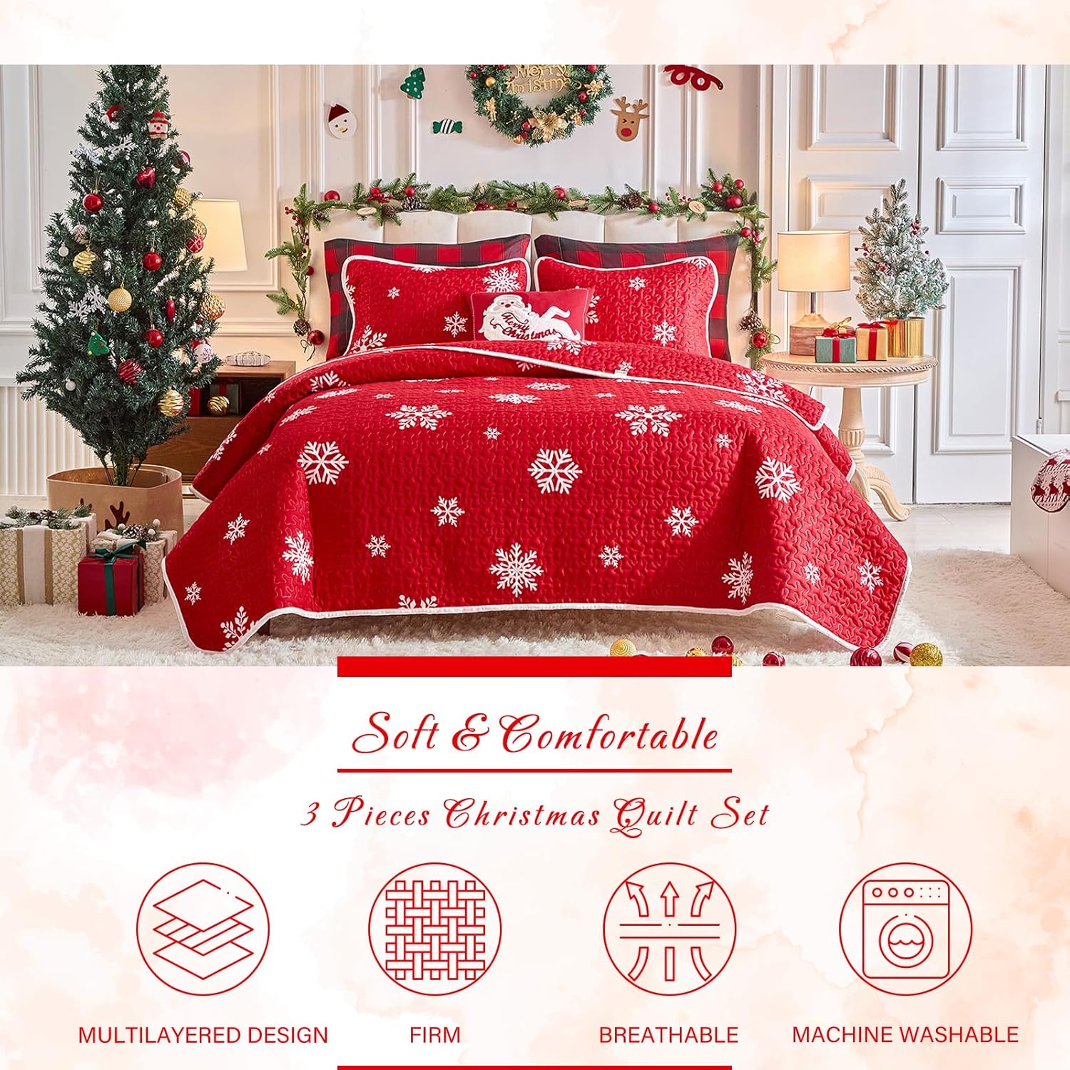 Tititada Christmas Snowflake Quilt Bedspread Set Queen, White Snowflake on Red Soft Microfiber Holiday Lightweight Coverlet Bedding Set with Pillow Shams Snowflake Queen - 92x90