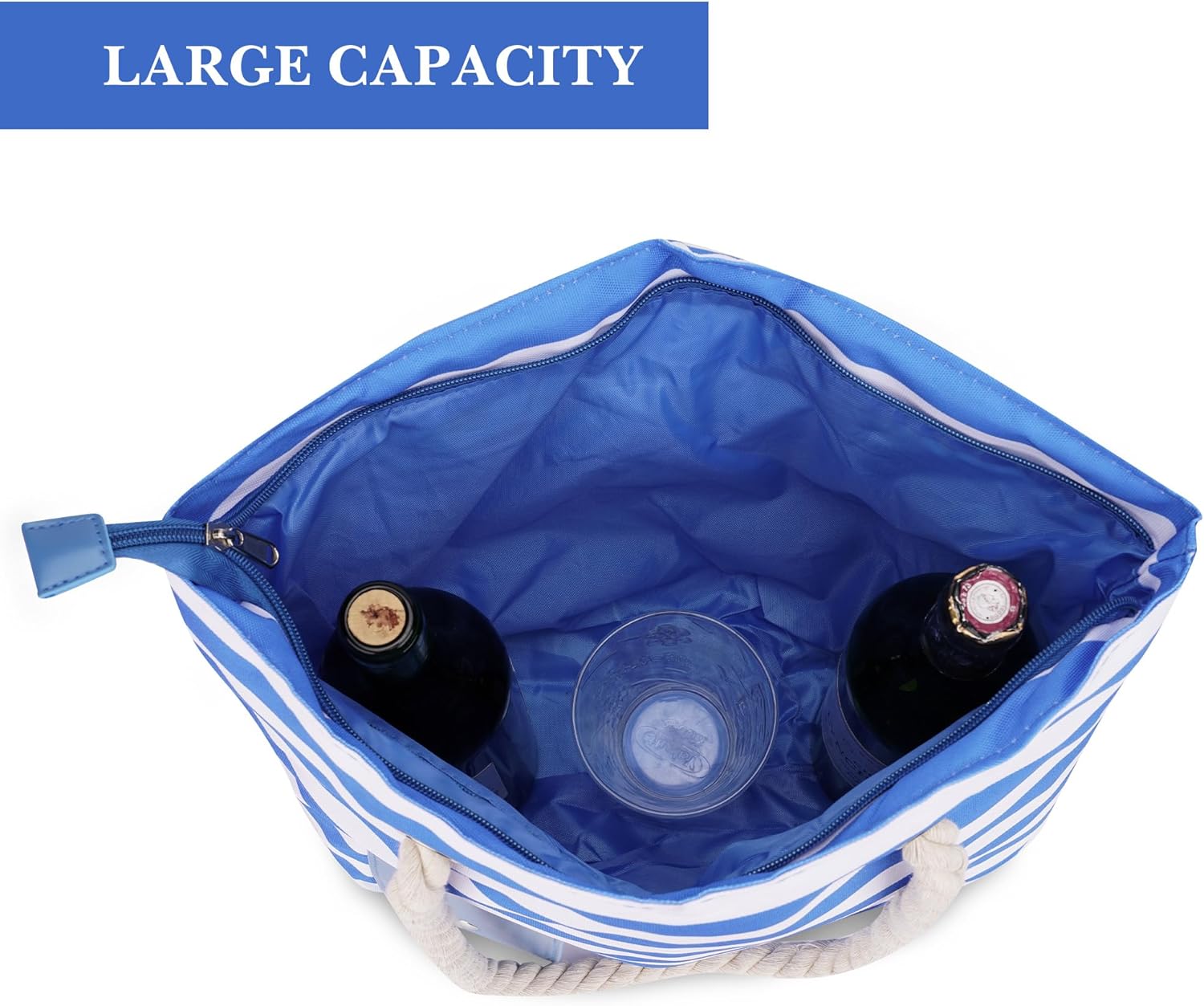 LUWOO Wine Tote Bag with Hidden Drink Dispenser Spout, Beach Wine Cooler Bag, Leakproof Insulated Wine Purse Carrier with 3 Refillable Replacement Pouch for BYOB, Pool, Camping (Blue)