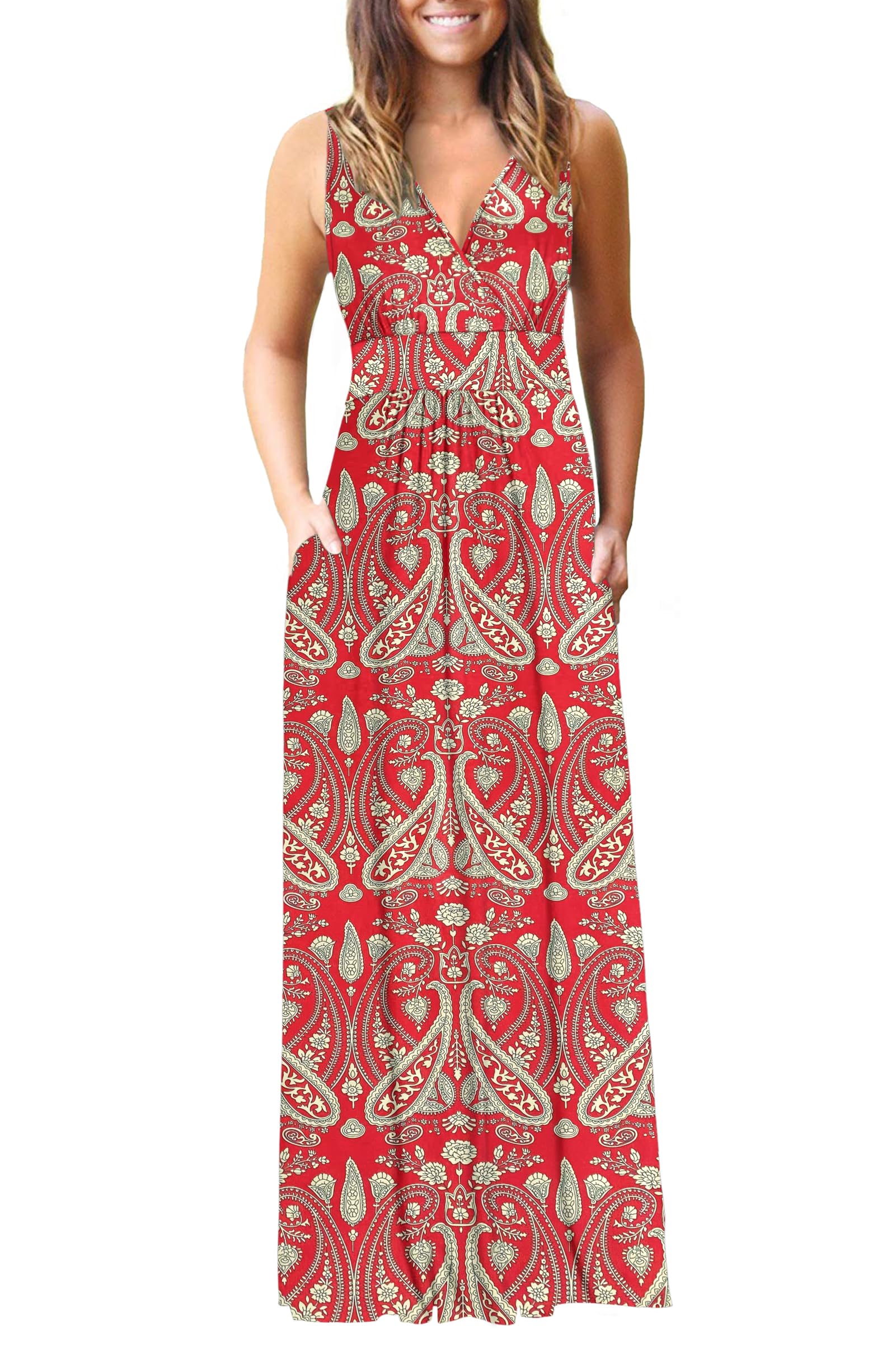 AUSELILY Vestido maxi de mujer de talla extragrande, vestidos de noche sin mangas, manga corta o manga larga con bolsillos y cuello de pico pronunciado