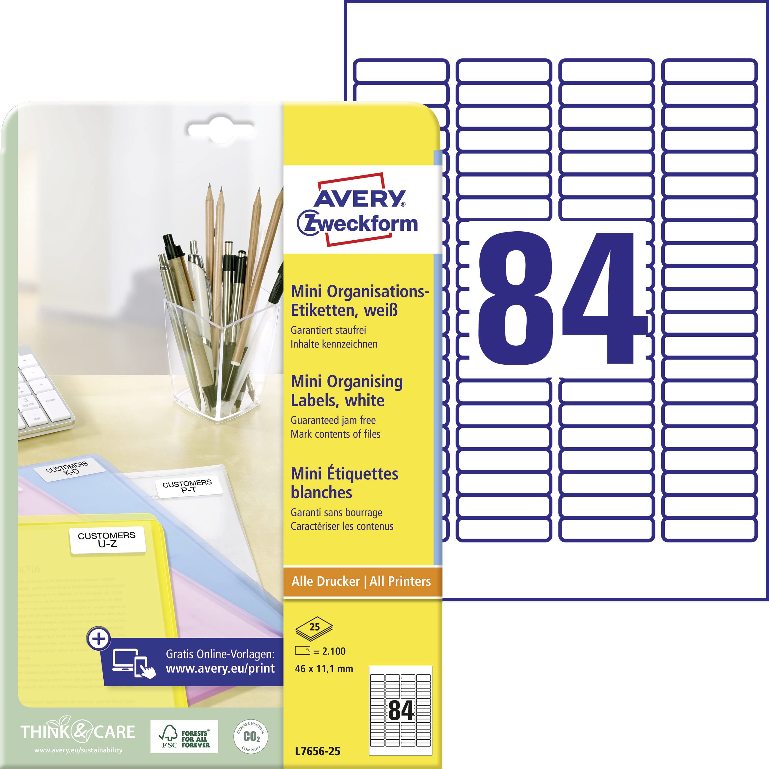 AVERY Zweckform L7656-25 Mini Organisationsetiketten, 46 x 11,1 mm, 2.100 Stück auf A4