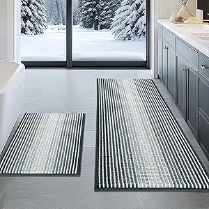 BSICPRO Bathroom Rugs and Mats Sets, 2 Piece Thick Absorbent Chenille Non Slip, Soft Shaggy Bath Room Floor Mats for Bathroom, Machine Washable (Blue Grey, 20" x 47" Plus 16" x 24")