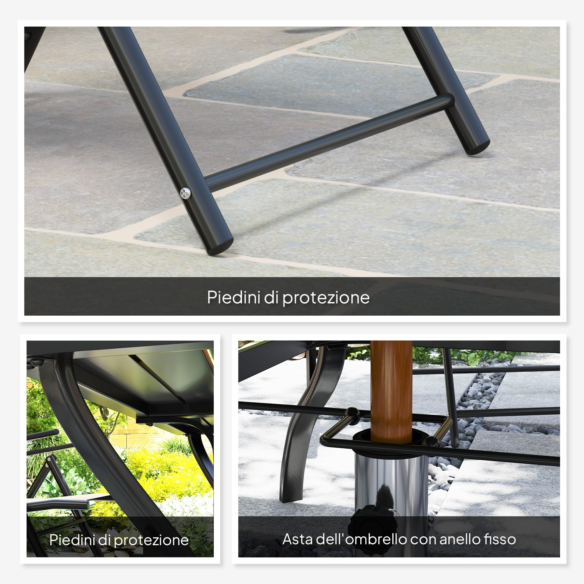 Outsunny Set Tavolo e Sedie da Giardino da 7 Pezzi Rettangolare Grigio | Tavolo da Pranzo con Foro per Ombrellone, 6 Sedie Pieghevoli da Esterno con Schienale Alto, in Acciaio