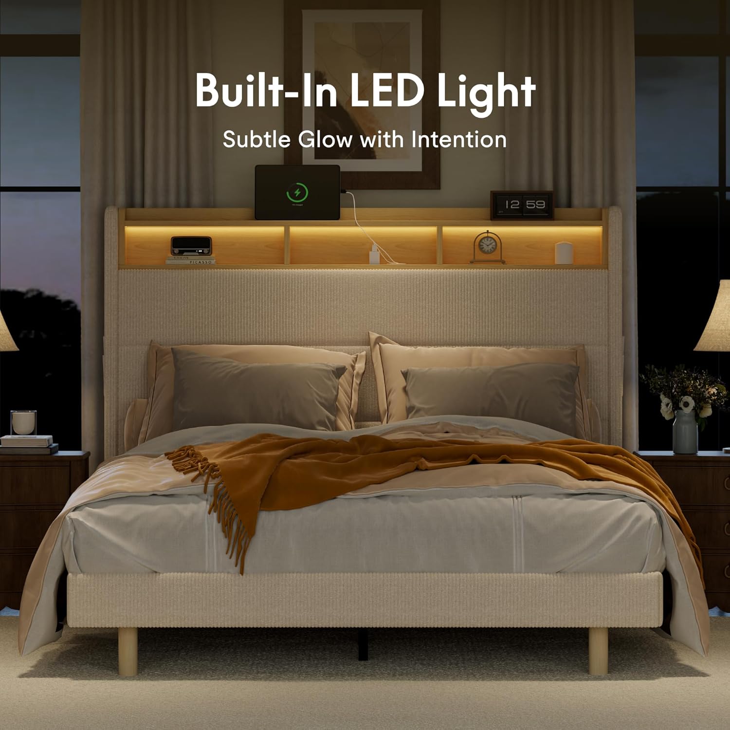 FLEXISPOT Queen Platform Bed Frame with 51" Tall Upholstered Corduroy Headboard, Two-Tier Storage Shelves, LED Light & Charging Station, Remote Pocket, No Box Spring Needed,1100Ibs Heavy-Duty, Beige