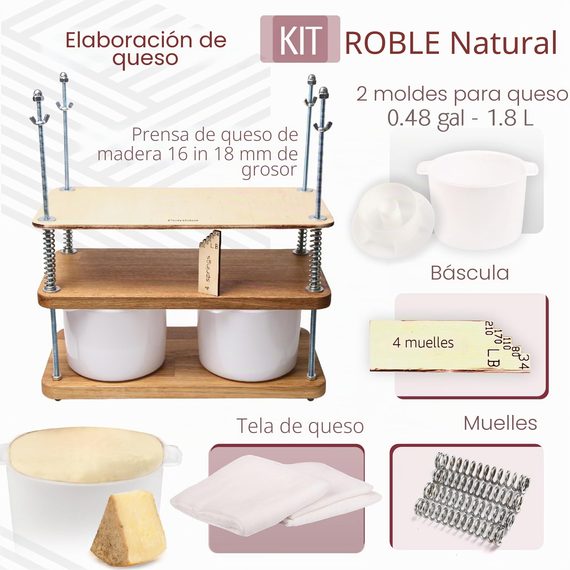 Prensa de queso para hacer queso de 40 cm, roble natural, 18 mm de grosor, kit de fabricación de queso con prensa de queso de madera y 2 moldes de queso de 1.8 L blanco
