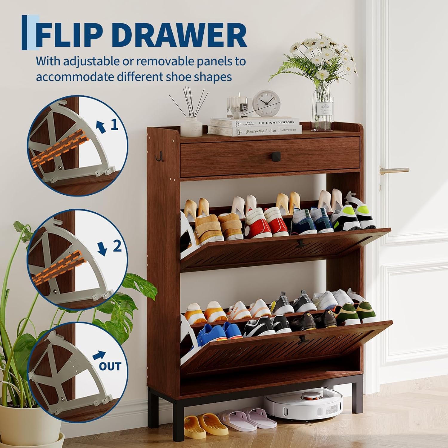 Garvee 2 Flip Drawer Shoe Cabinet with Adjustable Shelves, Hidden Shoe Organizer with Top Drawer, Freestanding Wooden Shoe Rack for Entryway, Hallway, Living Room, Walnut