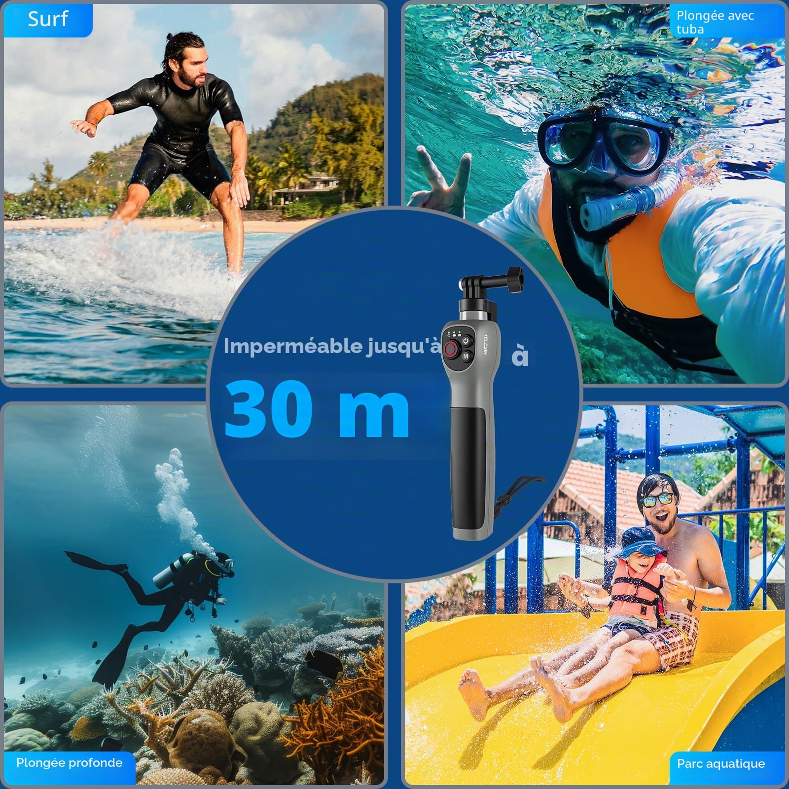 Perche à selfie sous-marine de 33 pouces avec télécommande Bluetooth, étanche et rétractable, pour GoPro Hero 13, 12, 11, 10, 9, convient pour le surf, la plongée avec tuba et la plongée (à