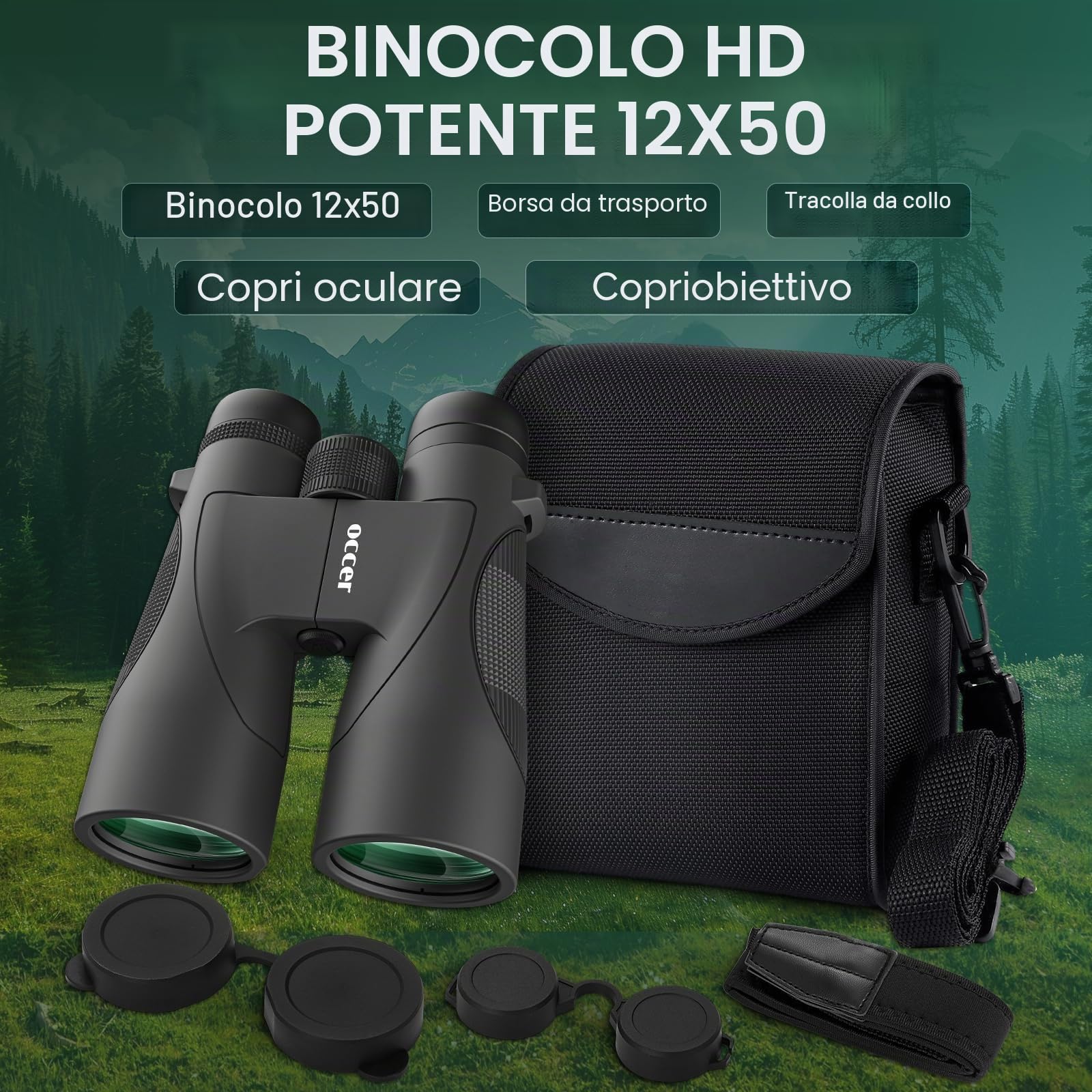 Binocolo per bird watching, 12 x 50, per adulti, HD, ad alta potenza, con visione chiara, facile messa a fuoco, con lungo raggio, per caccia, escursionismo, viaggi, crociera, concerti, osservazione
