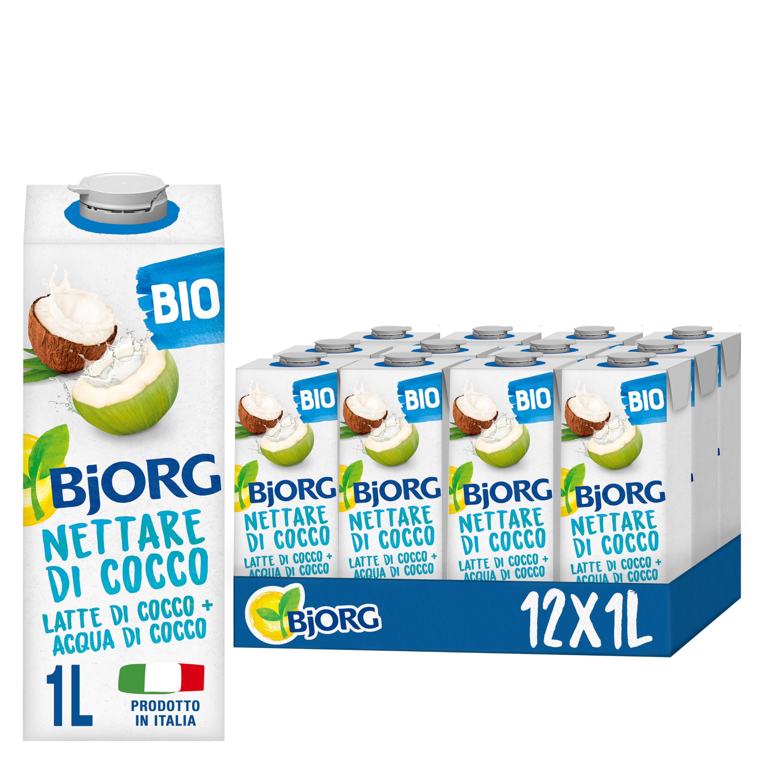 BJORG Bevanda Nettare di Cocco Biologica, Acqua di Cocco e Latte di Cocco, Bevanda Vegetale Senza Zuccheri Aggiunti, Senza Glutine, Vegan, Prodotto in Italia, 12 x 1L