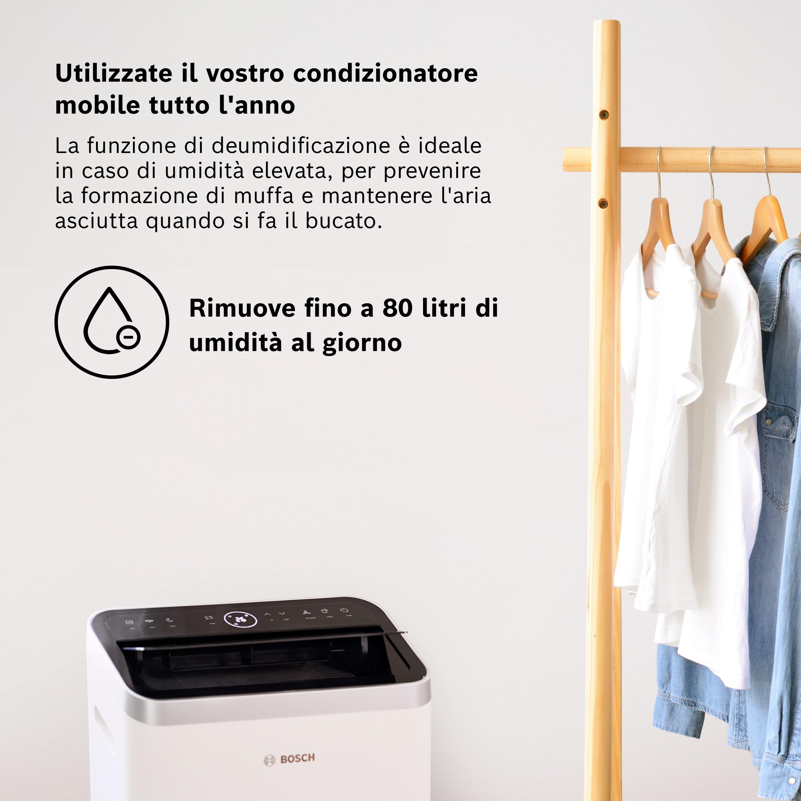 Bosch Cool 5100 Climatizzatore portatile - Climatizzatore 3 in 1, deumidificatore, ventilatore - 3,4 kW per ambienti fino a 46 m² - Con modalità Auto, Silent e Sleep