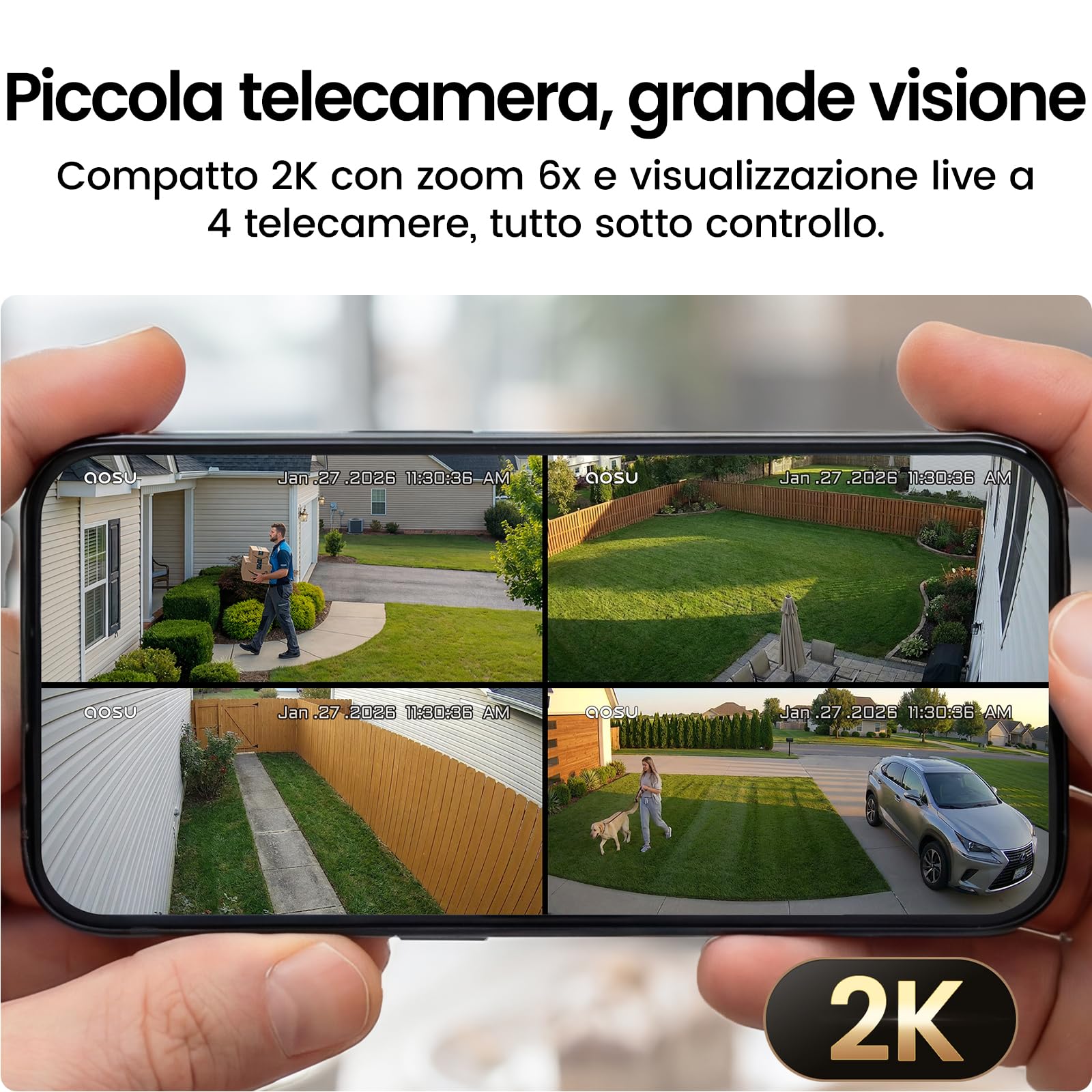 aosu Cámara de Vigilancia 2K Exterior Solare Kit 6 Cámaras con Aosubase 2.0 Sin Suscripción 32GB Almacenamiento Local Cámara Inalámbrica Sensor PIR Alarma Luz Audio Bidireccional Visión Nocturna