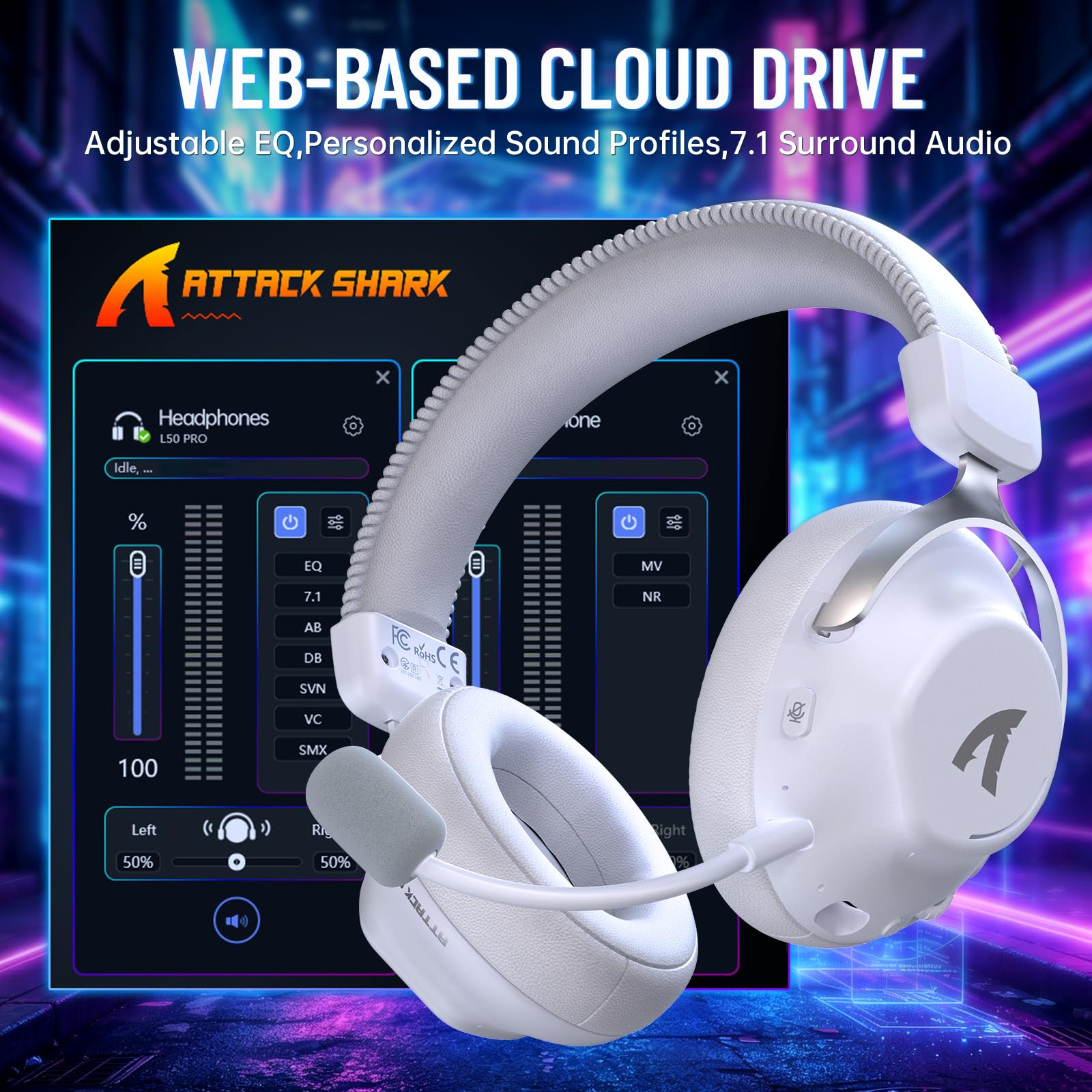 ATTACK SHARK L50PRO kabelloses Gaming-Headset, 7.1-Surround-Sound, EQ-Modi, 53-mm-Treiber, Tri-Mode-Konnektivität, 1100-mAh-Akku, Over-Ear-Headset mit abnehmbarem Mikrofon mit Geräuschunterdrückung