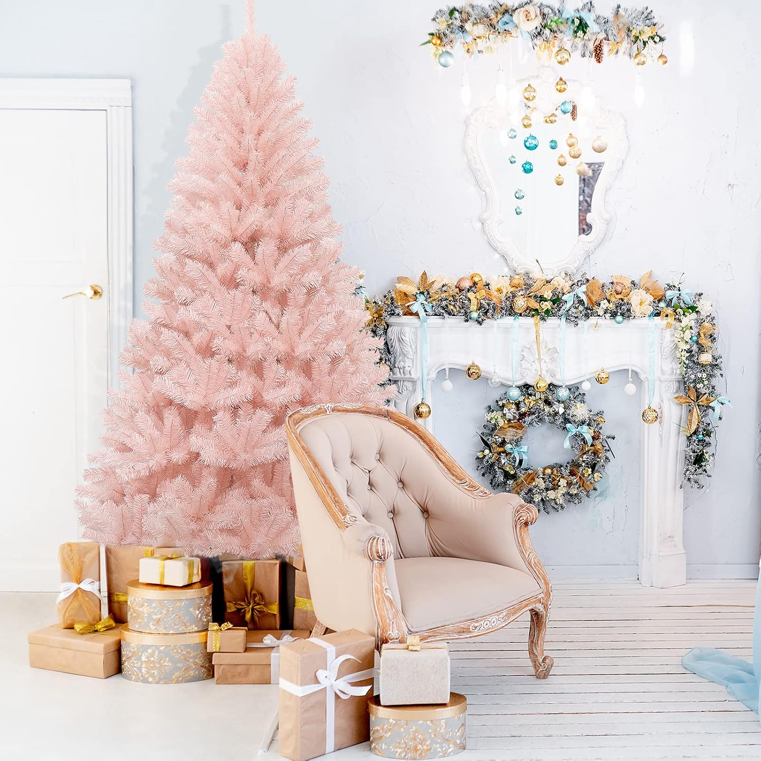 Goplus Pink Artificial Christmas Tree, 7FT Premium Unlit Hinged Spruce Full Tree, with Metal Stand, Easy Assembly, for Indoor and Outdoor Use (7ft)