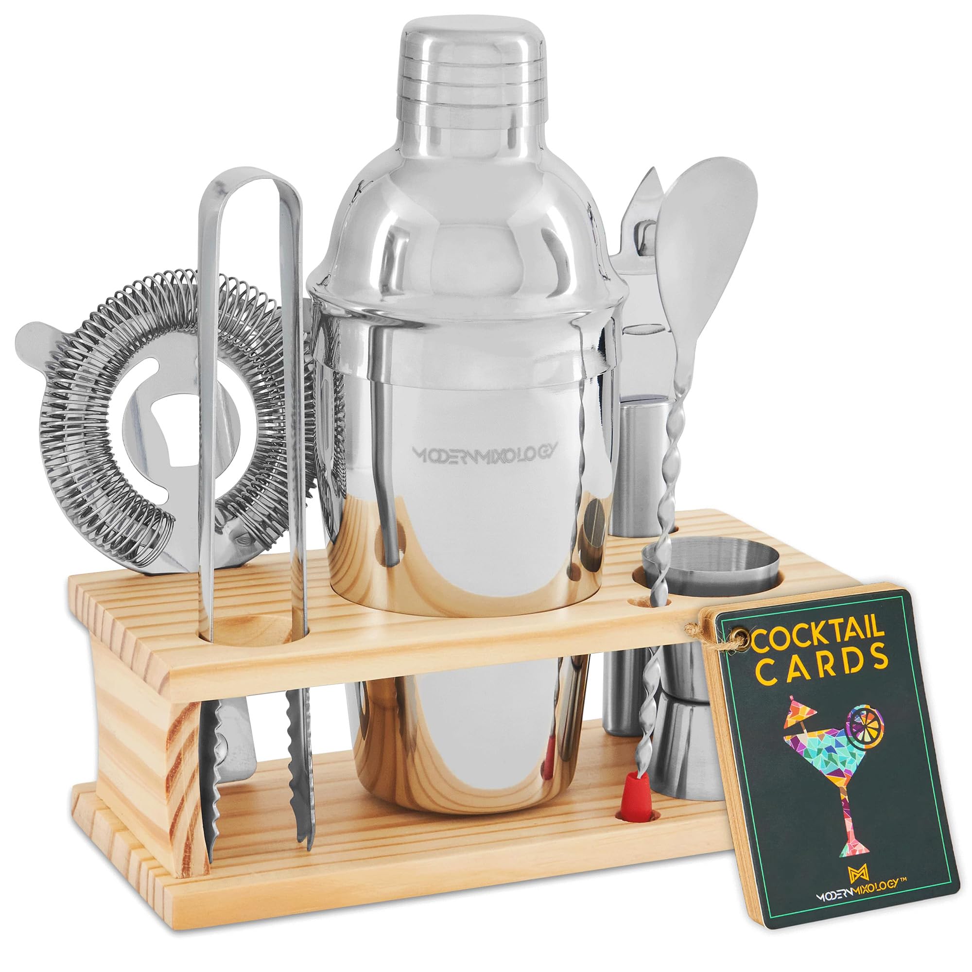 Modern Mixology Juego de coctelera – Kit de barman con soporte de pino | Diseño a prueba de fugas | Incluye coctelera de martini, medidor, colador, cuchara, pinzas | Herramientas de bar perfectas para