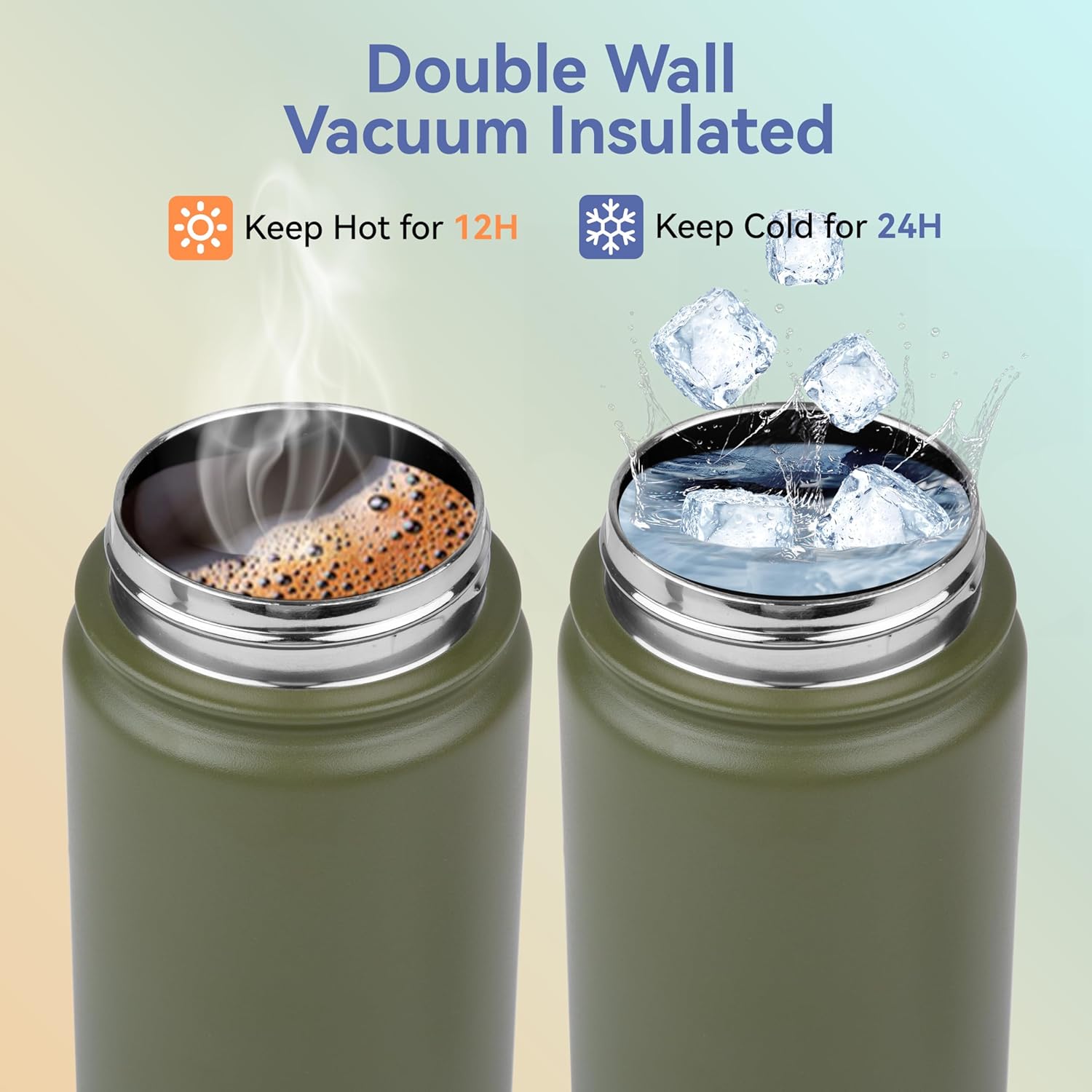 HASLE OUTFITTERS Insulated Water Bottle Kids 16 oz Double Wall Vacuum Stainless Steel Water Bottle Leak Proof for School Wide Mouth with Straw Lid & Spout Lid Keeps Cold and Hot(Army Green,1pack) - Image 4