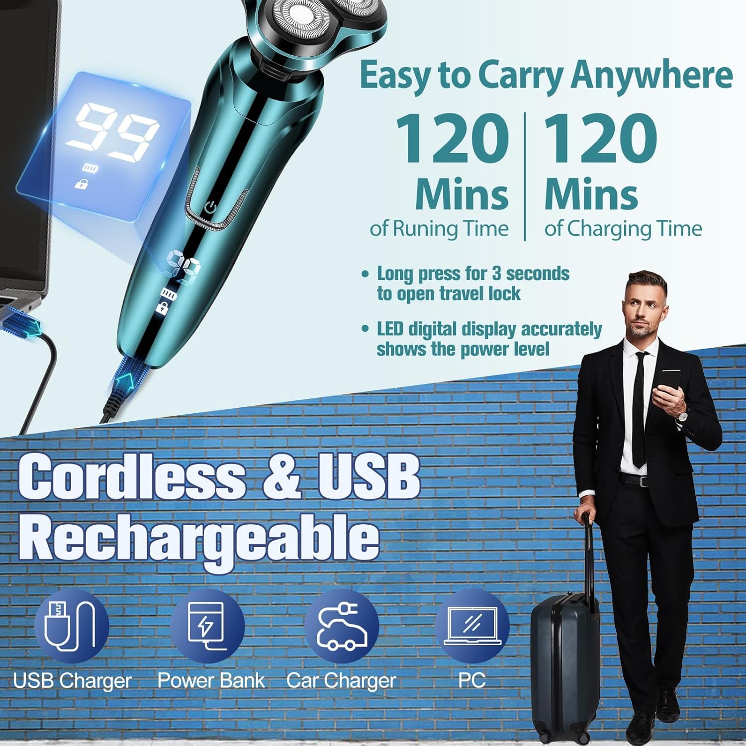 Electric Razor for Men, Men's Rotary Shavers, Waterproof, LED Display Cordless with Electric Shaver for Men's Faces with a Cordless and Floating Head,Portable Travel Razor