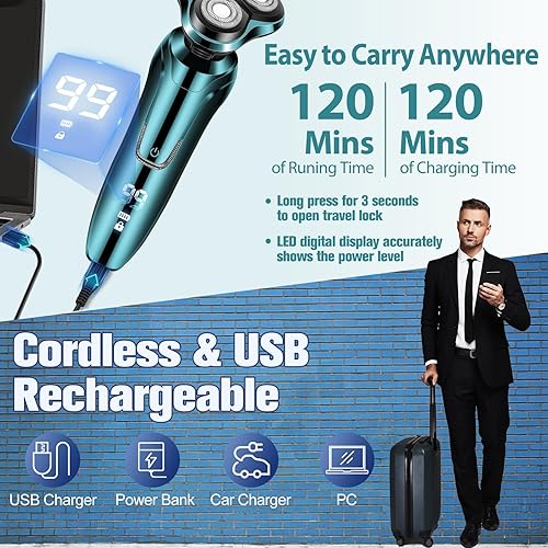 Miniatura 6 de Maquinilla de afeitar eléctrica para hombres, afeitadoras rotativas para hombres, impermeable, pantalla LED inalámbrica con afeitadora eléctrica