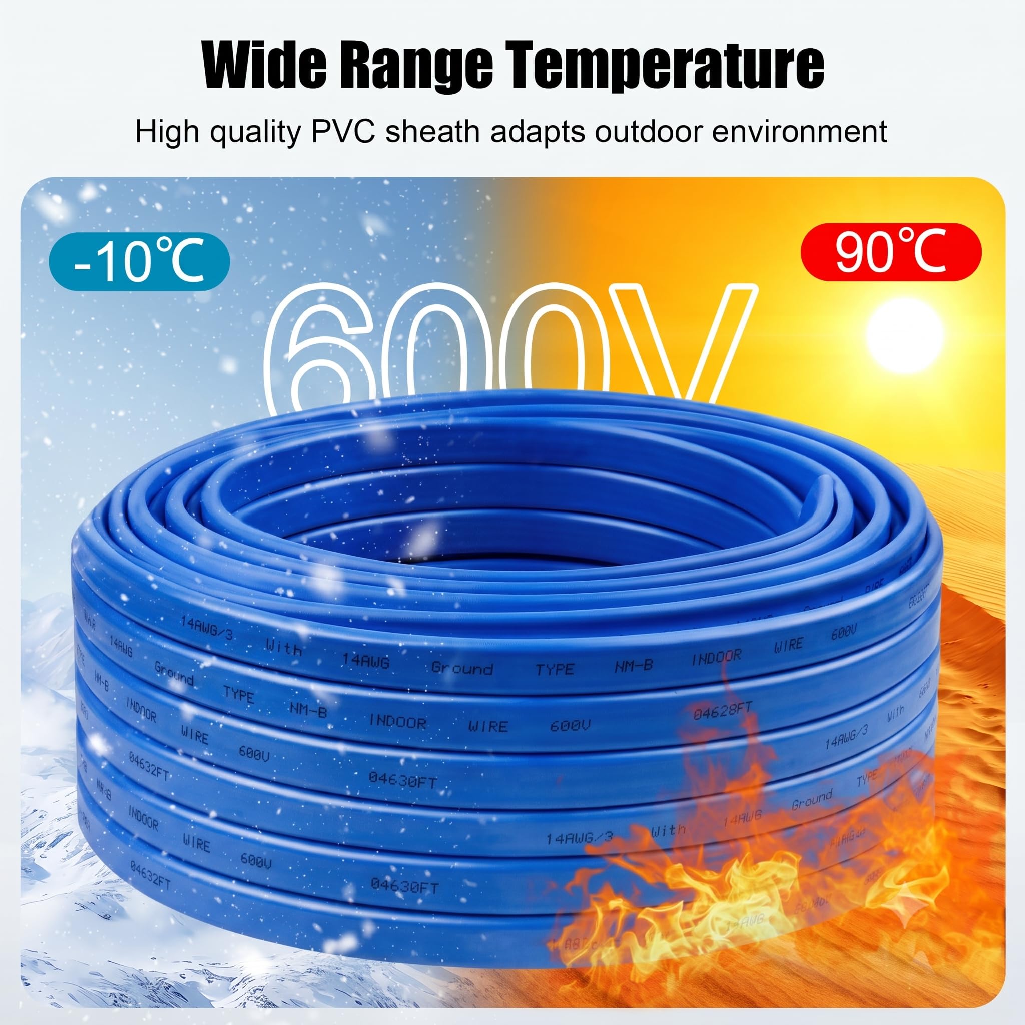 Cable 14/3 con tierra, calibre 14 NM-B, cable forrado no metálico, cobre puro 14 AWG, 3 conductores, para tomas de corriente, interruptores, otras cargas y proyectos de cableado de iluminación (azul)