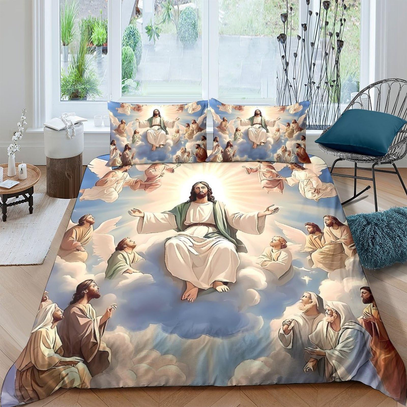 Ctjqhvkz Style-6 3D Printed Jesus Heaven Fitted Sheet Microfiber Soft Angel Sky Mattress Cover For Bedroom Guest Room Home Decor Single（135X200cm）