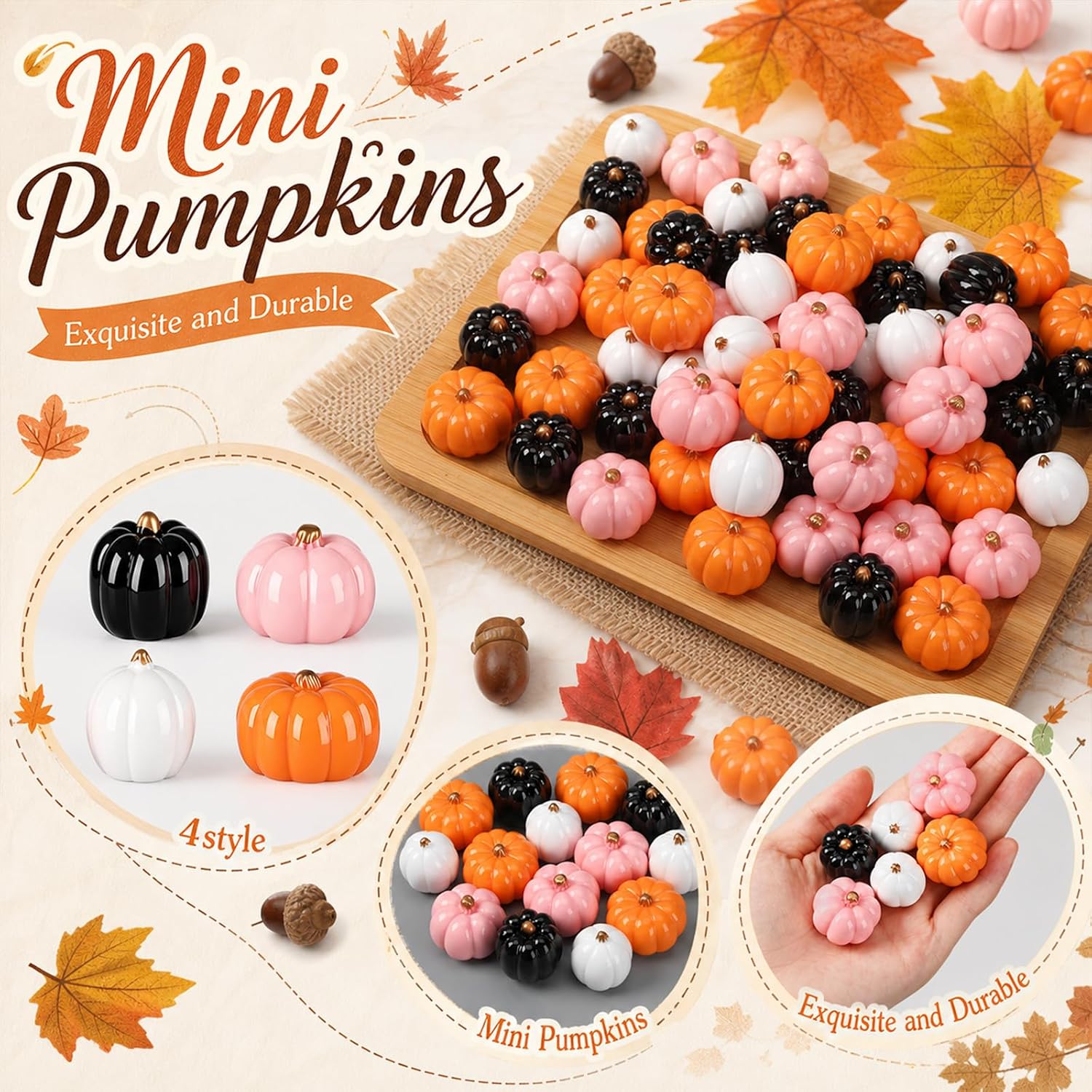 Geelin 80 PCS Mini Resin Pumpkin Ornaments for Halloween Decor, 4 Assorted Shapes Miniature Pumpkins (2.3cm) for Thanksgiving, Fall Harvest, DIY Crafts, Fairy Garden, Table Scatter(Multicolor)