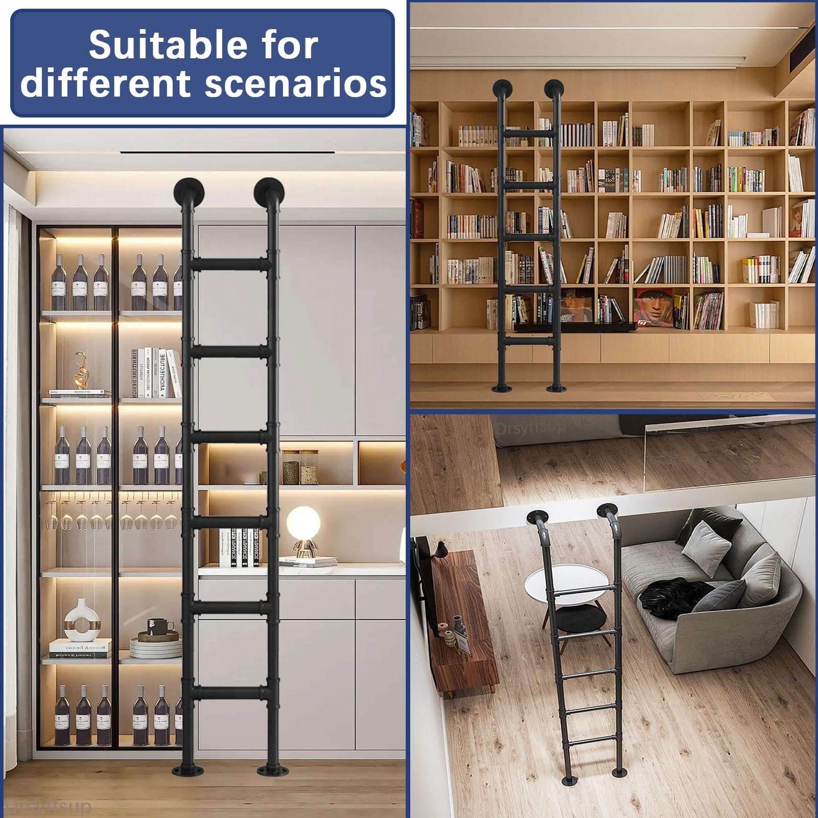 Schwarze Trittleiter aus Metall – Wandmontage, 1m 120cm 1,5m 2m 2.4cm 300cm Hochbettleiter, Kellerfensterschacht-Ausstiegsleiter, Etagenbettleiter für Wohnmobile, Tragkraft 150 kg(110cm/43in)