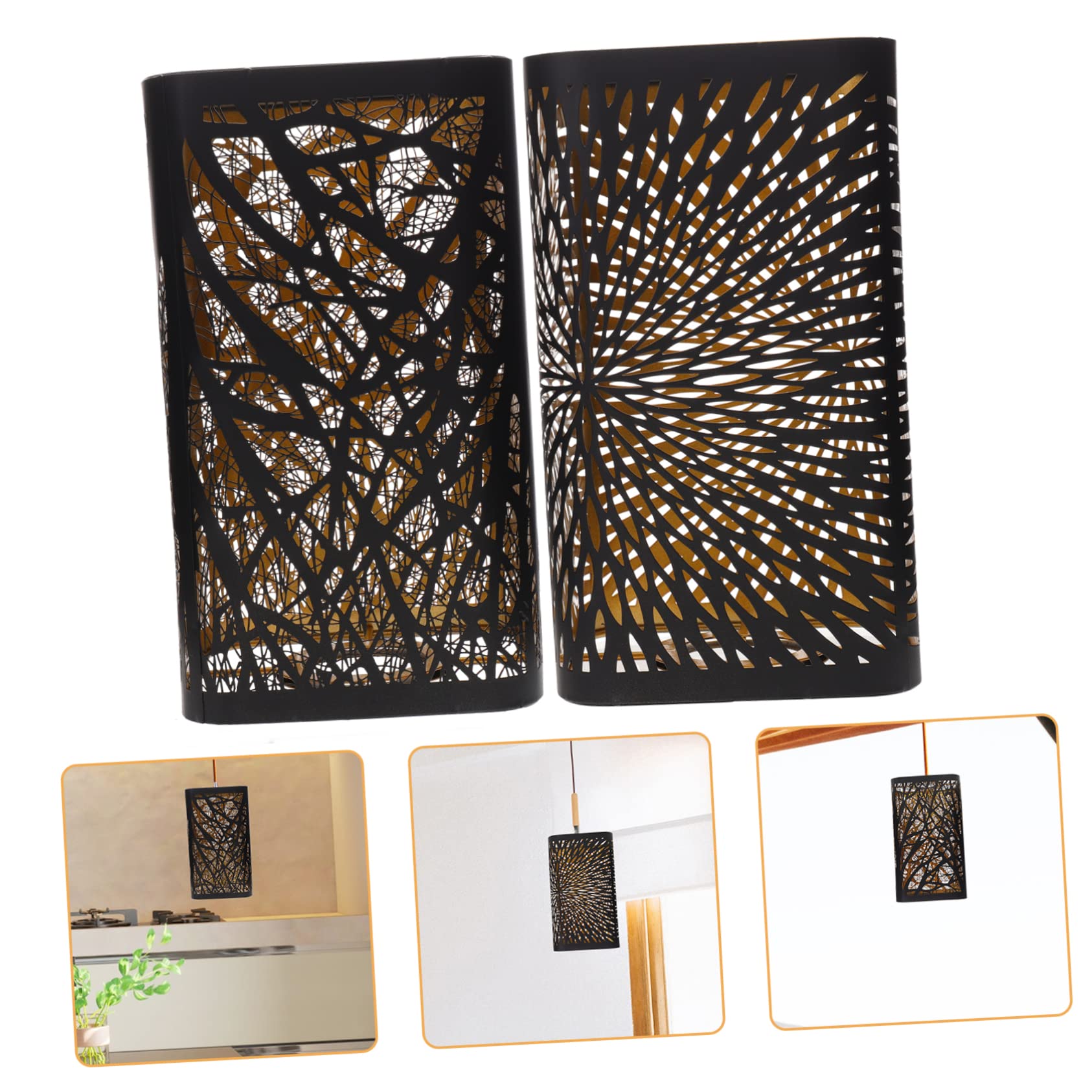 HOMSFOU Pantalla de Lámpara de Metal Cuadrada Hueca Negra 2 Piezas | Acabado Interior Dorado, Hierro, para Dormitorio y Salón, Estilo Sencillo, Formato Recto