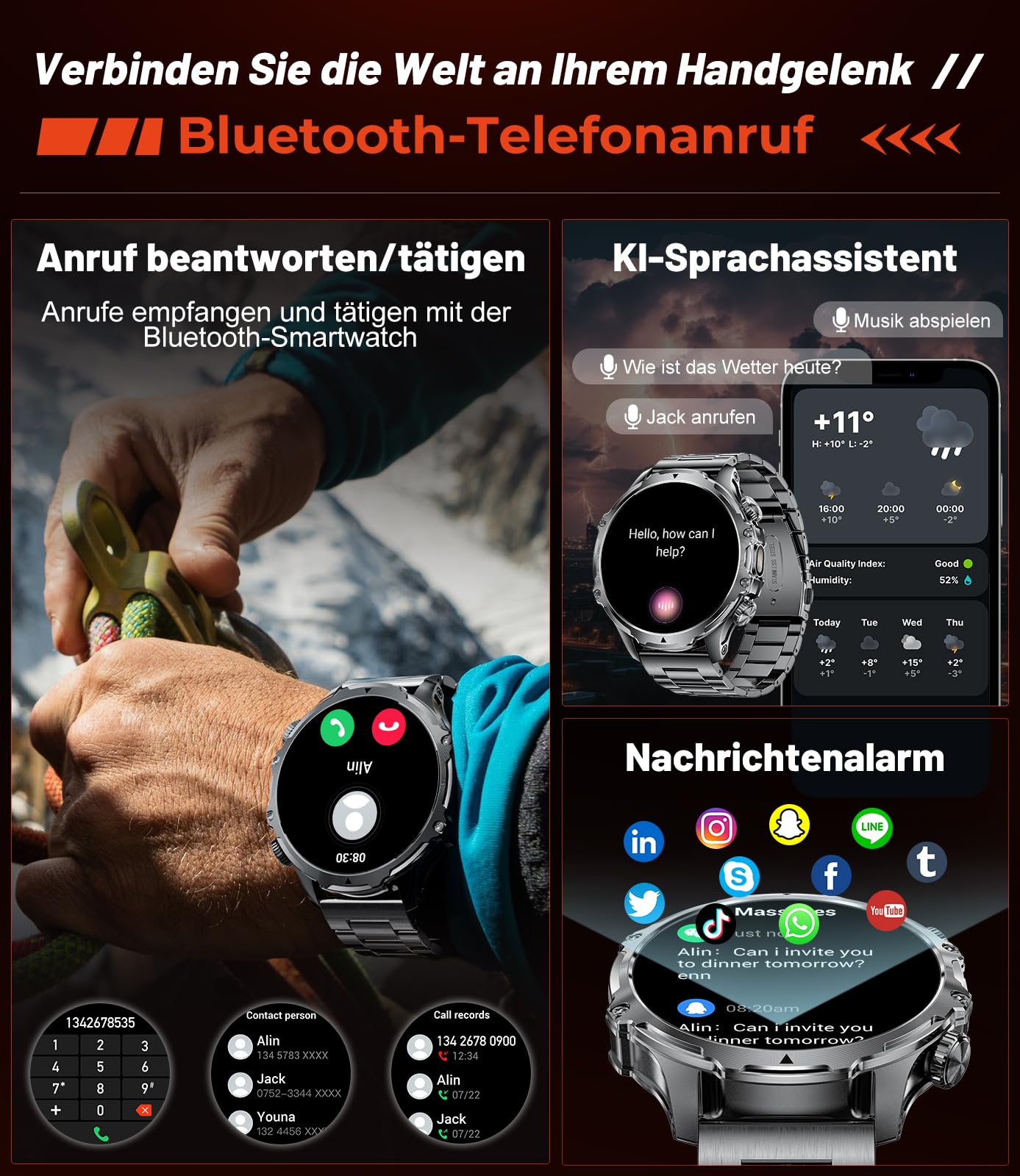 Smartwatch Herren 800 mAh Akku,1.85'' Großes Display/LED Taschenlampe mit Telefonfunktion,IP68 Wasserdicht Fitnessuhr mit 110+ Sportmodi Herz-/Schlaftracking für Android iOS