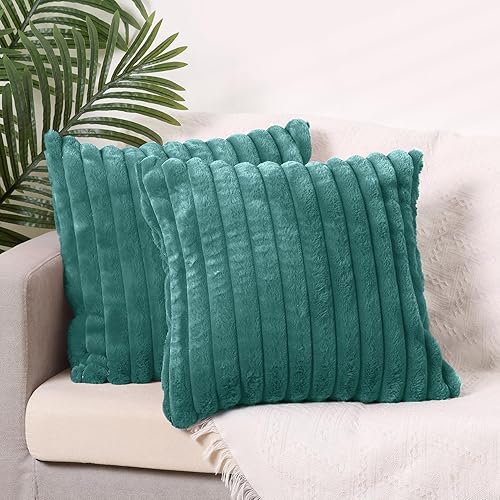 Miniatura 2 de uxcell 2 fundas de almohada de pelo sintético de doble cara suaves y esponjosas a rayas para decoración del hogar, 18 x 18 pulgadas, color azul