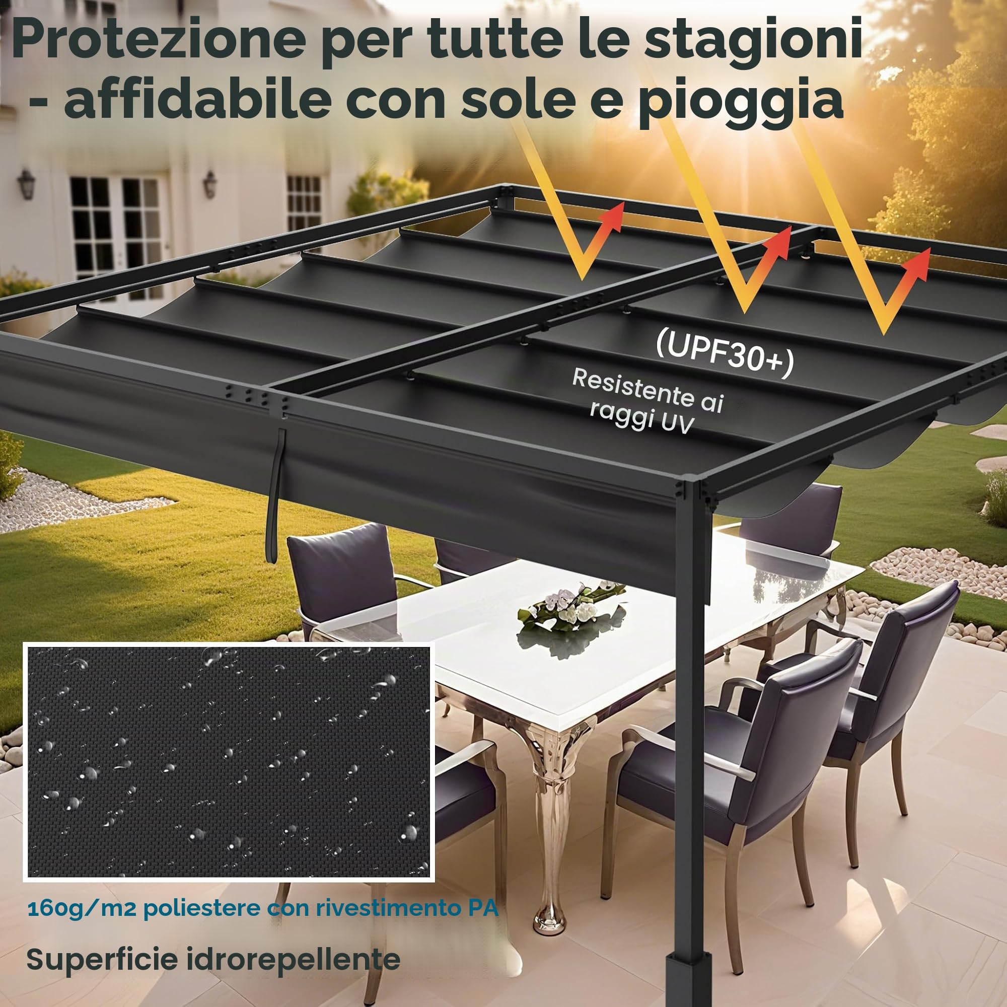 FIVMEN Pergola 3x3m, baldacchino impermeabile, stabile invernale, gazebo con ombreggiatura regolabile, protezione solare per giardino, terrazza e balcone, nero