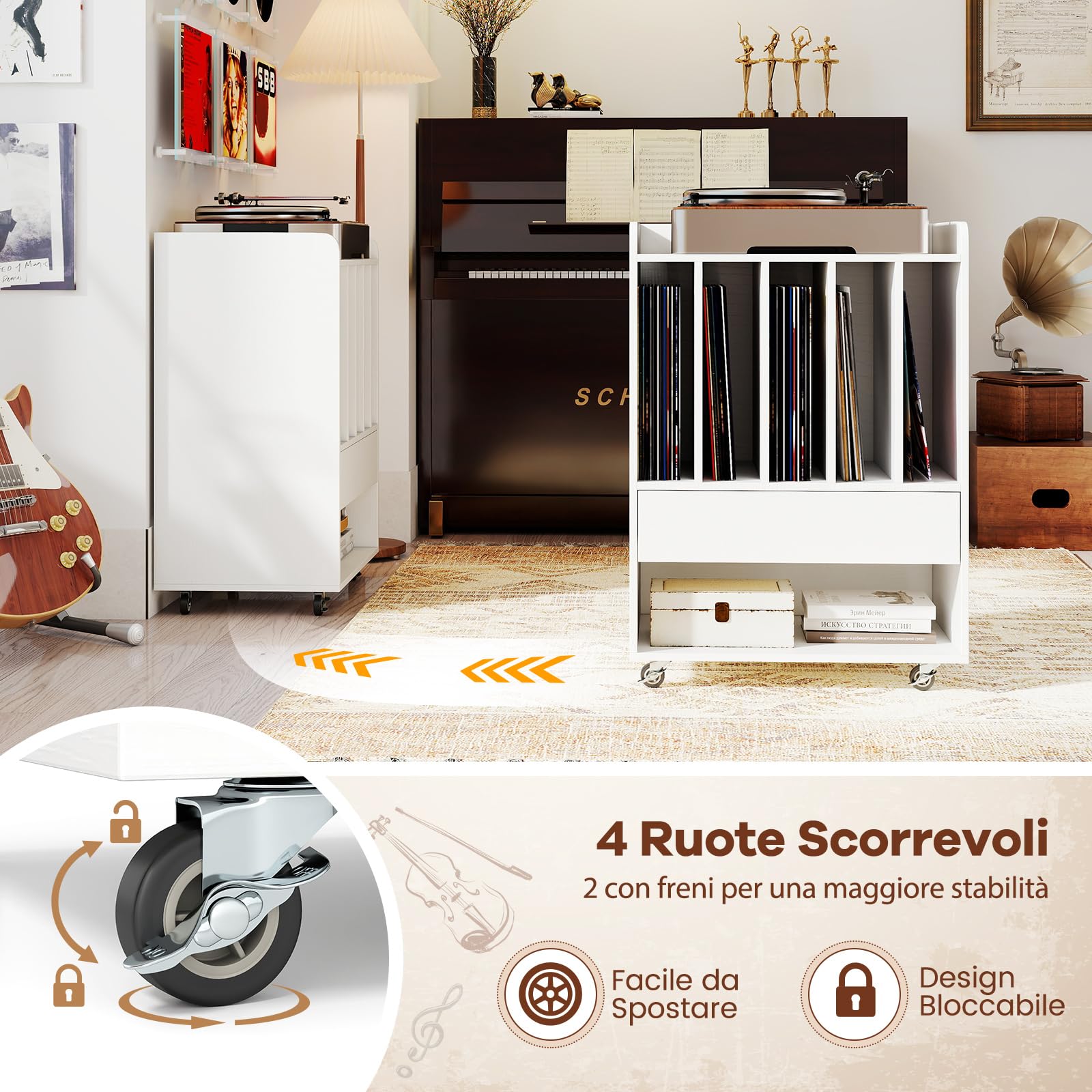 COSTWAY Mobile Porta Vinili con 4 Ruote Universali, Porta Dischi Vinile con Cassetto, Scomparto Aperto e Gancio Rimovibile, Mobile Giradischi Salvaspazio per Studio, Ufficio e Soggiorno (Bianco)