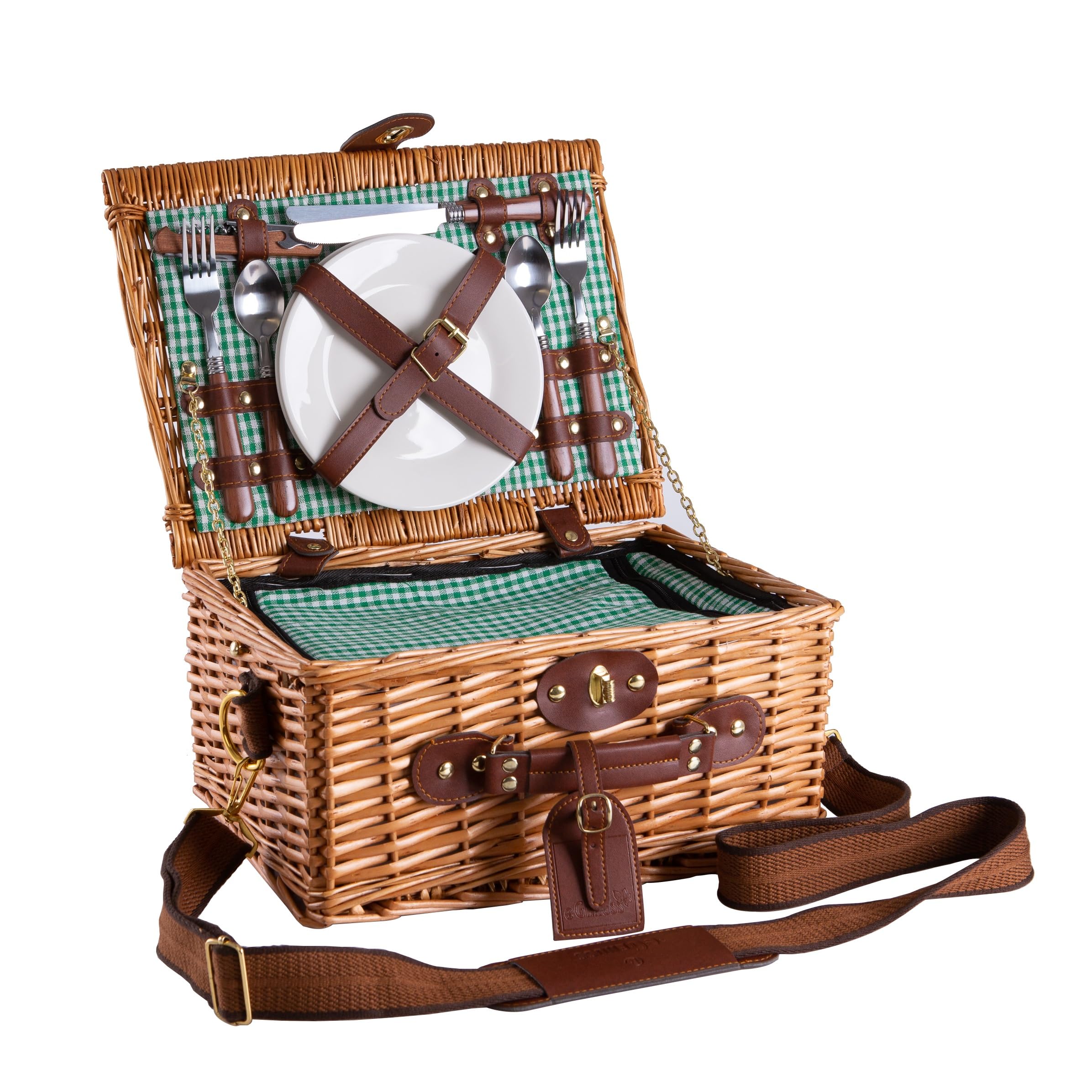 1 Panier de Pique-Nique en Osier pour 2 Personnes - Bandoulière Amovible, Compartiment Isotherme et Accessoires Inclus - Motif Vichy Vert
