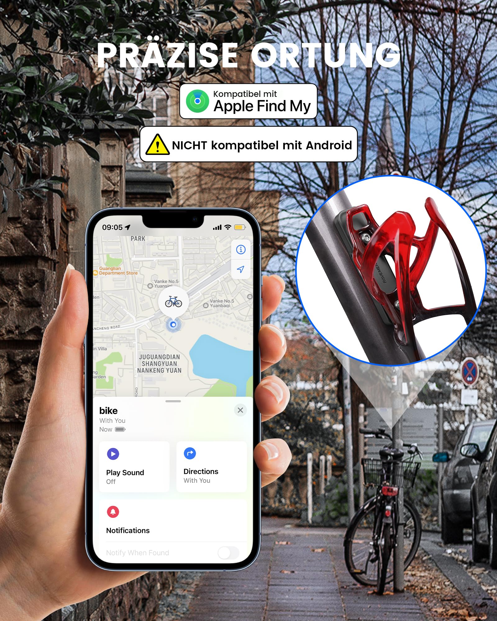 RAVEMEN Fahrrad Tracker kompatibel mit Find My (nur iOS),Diebstahlschutz Fahrrad Peilsender Einfache Installation passt unter den Flaschenhalter 27 g leicht IPX6 Wasserdicht 240 Tagen+ Akkulaufzeit