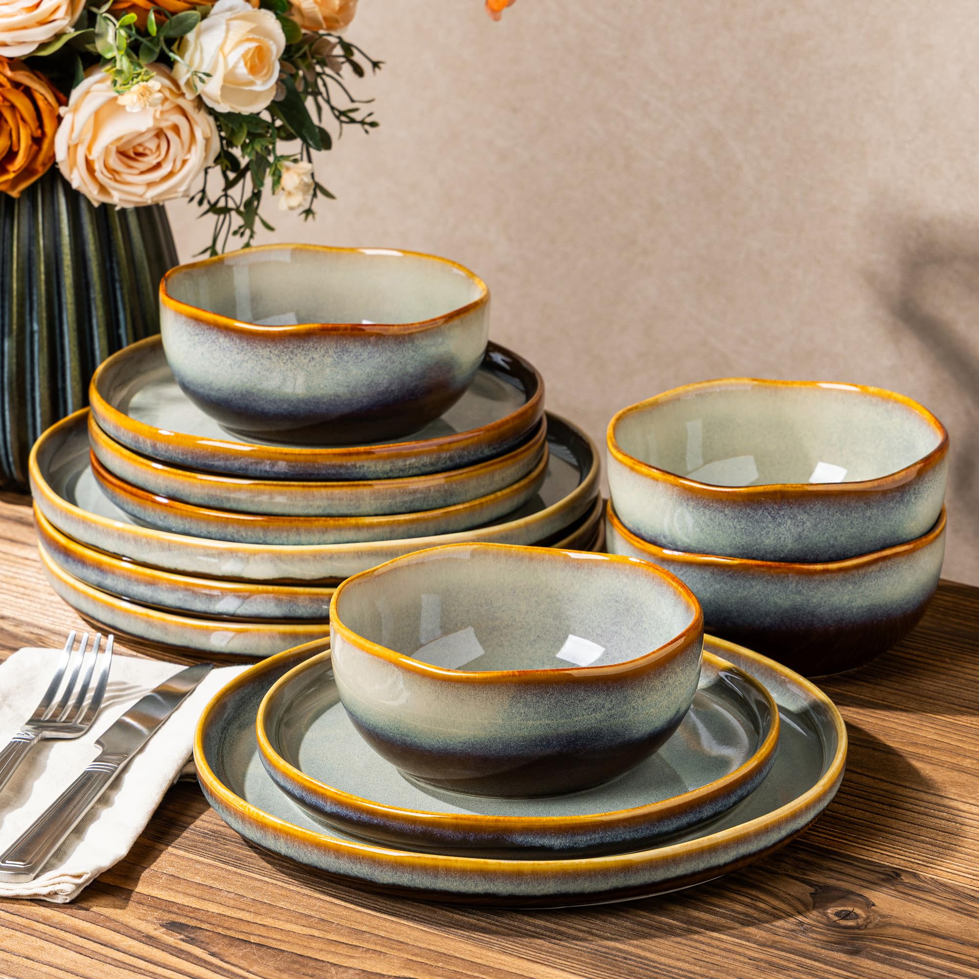 Ceramic Dinnerware Set for 4, 12-Piece Plates and Bowls Set | Handmade Reactive Glaze Dish Set, Scratch Resistant, Oven &amp; Microwave &amp; Dishwasher Safe, Brown Blue