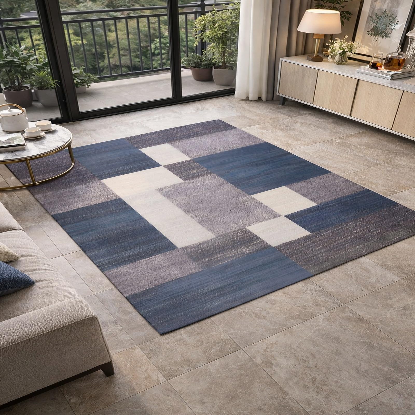 Alfombra lavable y antideslizante azul para pasillo y sala moderna