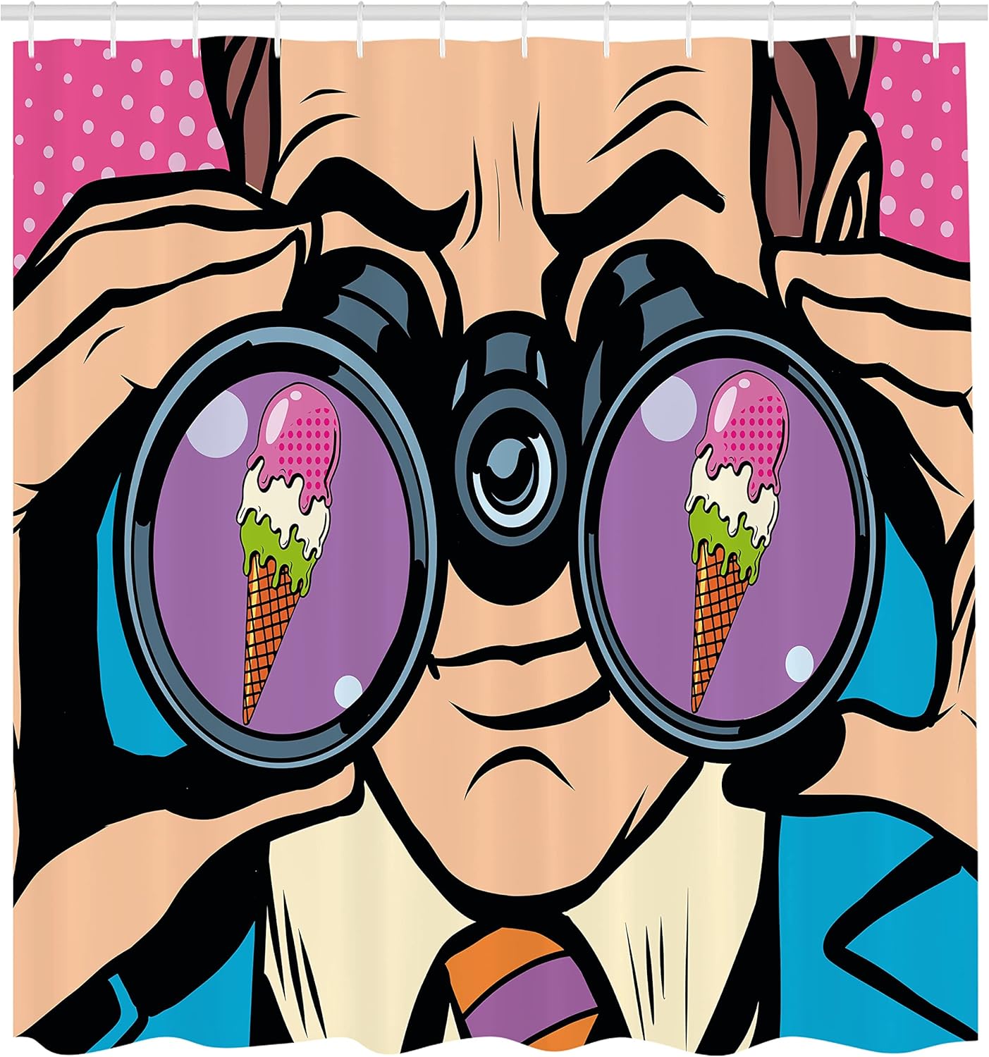 Ambesonne Comics Shower Curtain, Business Man Wants Ice Cream Pop Art Retro Style Parody Humor Cartoon Illustration, Cloth Fabric Bathroom Decor Set with Hooks, 69" W x 70" L, Pink Blue