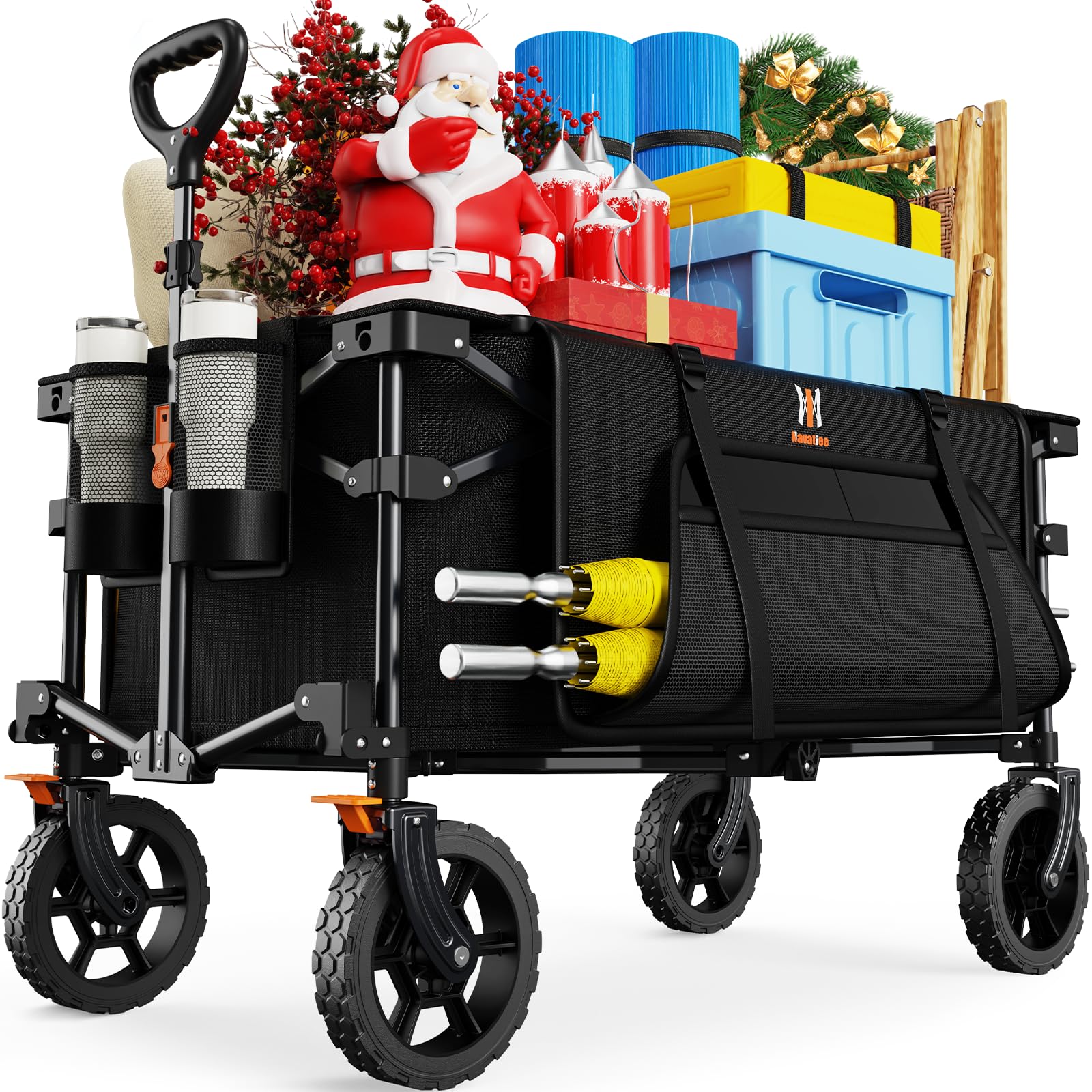 Navatiee 140L Collapsible Foldable Wagon with Wheels, Large Capacity Foldding Wagon Cart with Side Pocket and Brakes, Grocery Shopping Cart for Garden Outdoor Use, Black