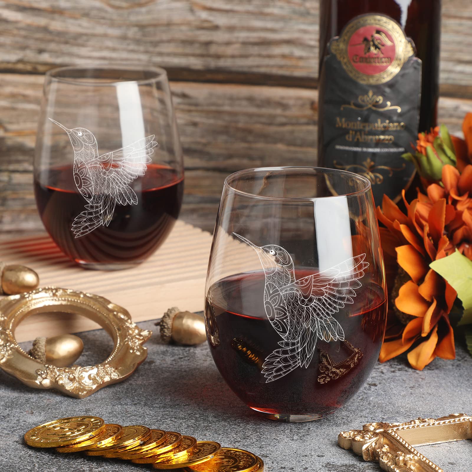 Valentines Glass 2 Hummingbird Stemless Wine Glasses  17 Oz Bird Themed  Glassware Set, Gift For Bird Lovers