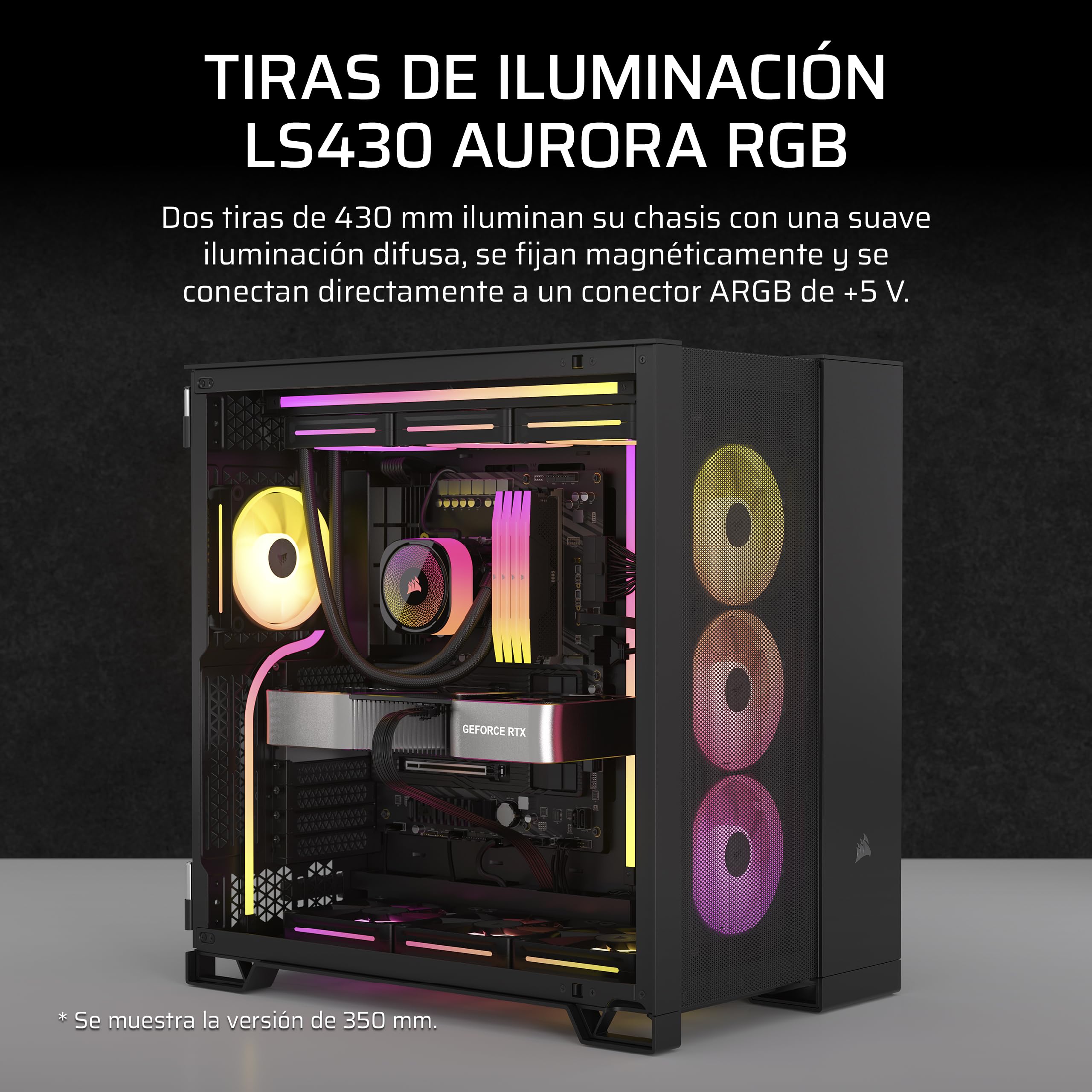 Corsair LS430 Aurora Tiras de Luz RGB 430mm – 2X Tiras de LED RGB Magnéticas Difusas – Cabezal +5V ARGB o Controlador iCUE – Cable Adaptador ARGB a iCUE de 3 Patillas Incluido