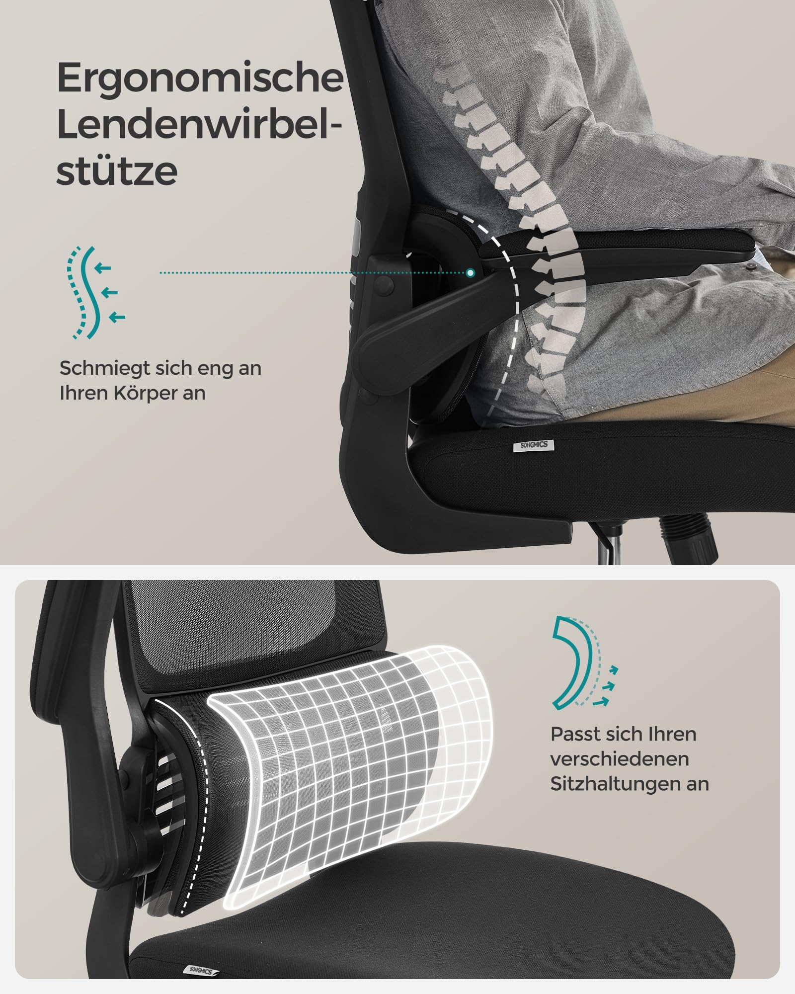 SONGMICS Bürostuhl, Schreibtischstuhl, ergonomisch, klappbare Armlehnen, hohe Rückenlehne, Netzstuhl mit Lendenwirbelstütze und Verstellbarer Kopfstütze, Wippfunktion, tintenschwarz OBN040B01