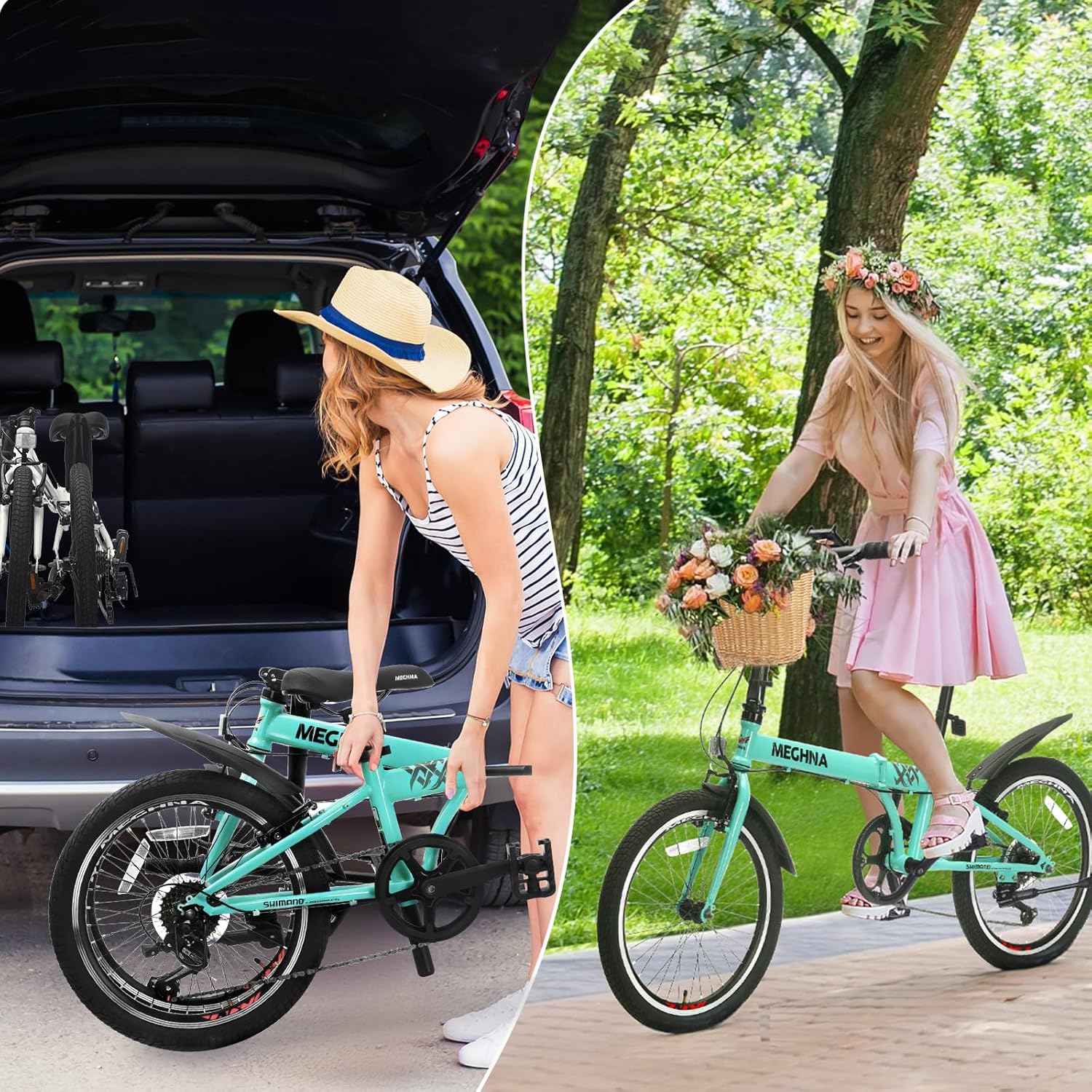 MEGHNA Folding Bike 20 inch Wheel 6 Speed Dual V Brakes Portable Foldable with Front Woven Basket Bike Fenders City Bike for Women Men Junior for Trip Commuting to Work Going to School