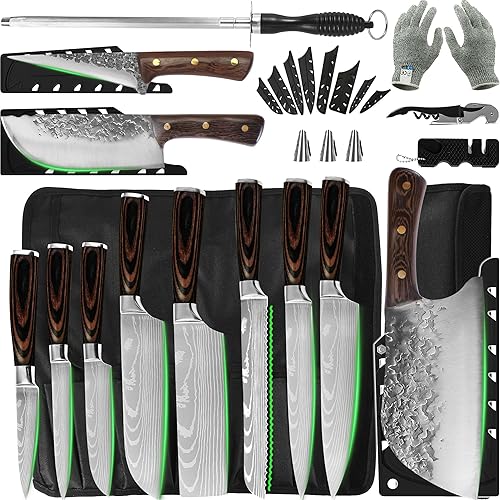 FULLHI Pakka Wood - Juego de cuchillos japoneses de 14 piezas y cuchillo de carnicero de acero al carbono con bolsa para cuchillos y funda