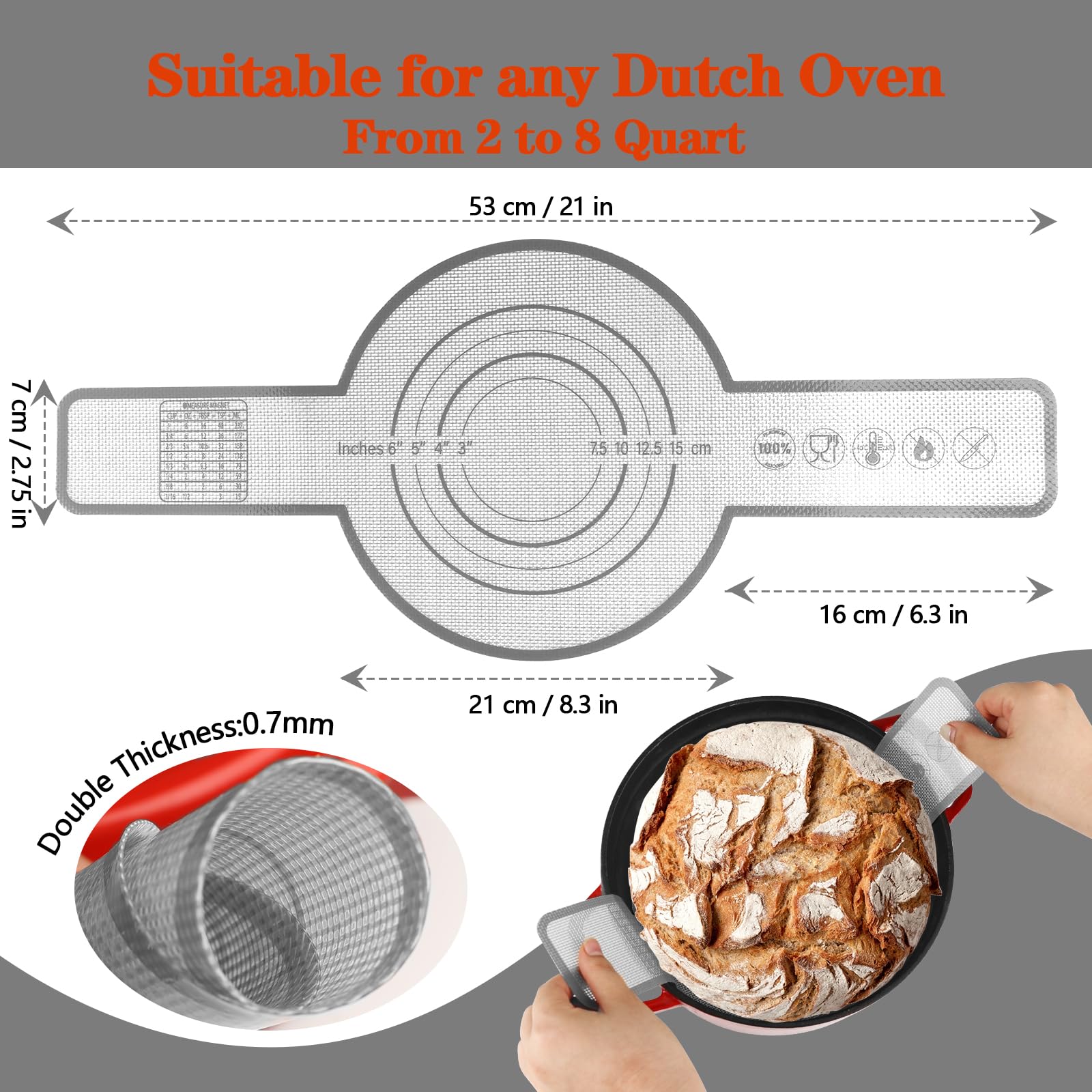 UBeesize 2 Stück verdickte Silikon-Brotschlinge, wiederverwendbare Sauerteig-Brotbackmatte für Dutch Oven 2-8 Qrt, antihaftbeschichtet, leicht zu reinigen, mit extra langen Griffen, Brotbackblech,