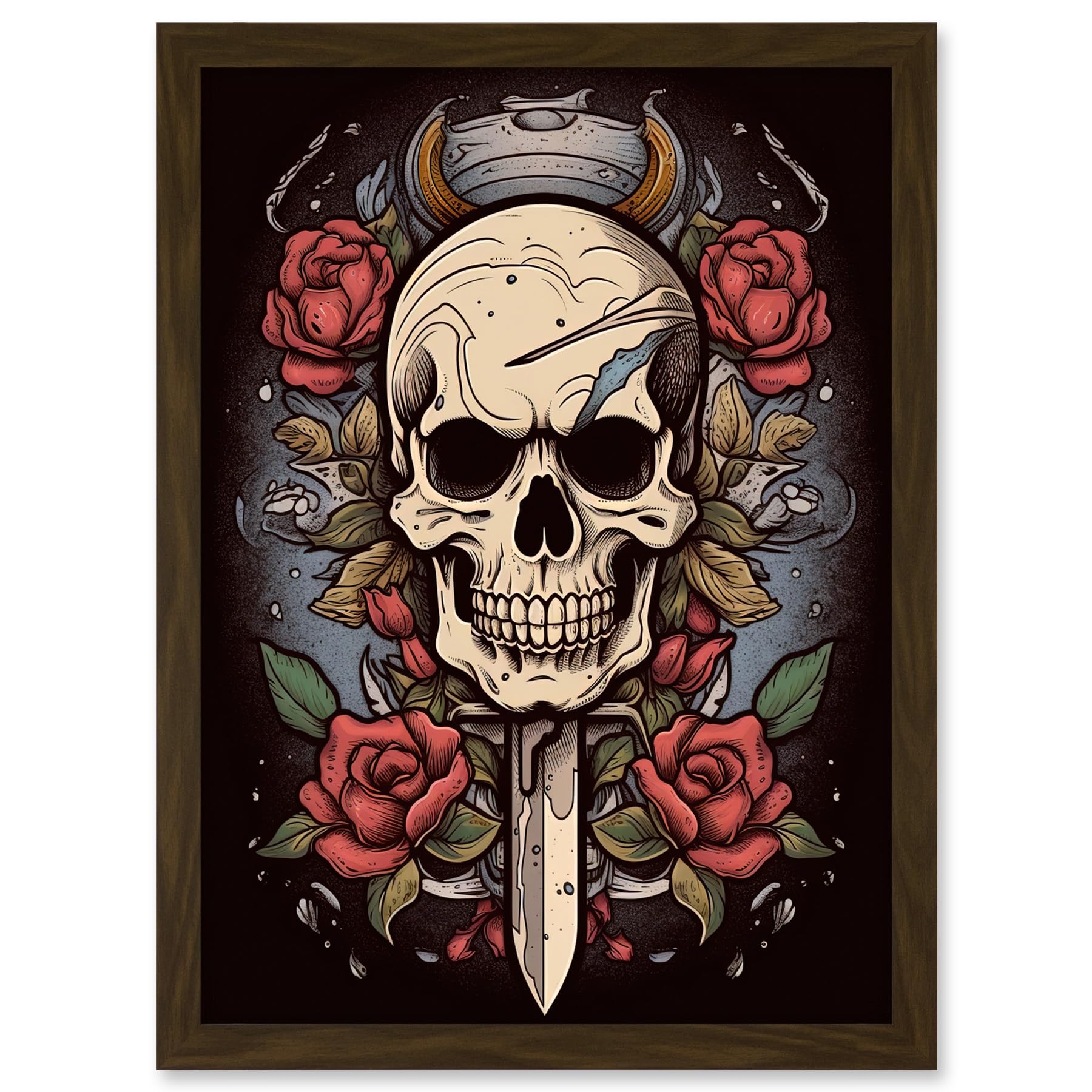 Artery8 Skull Dagger and Roses Tattoo Ink Body Art Rockabilly Americana 50s Artwork Framed A3 Wall Art Print