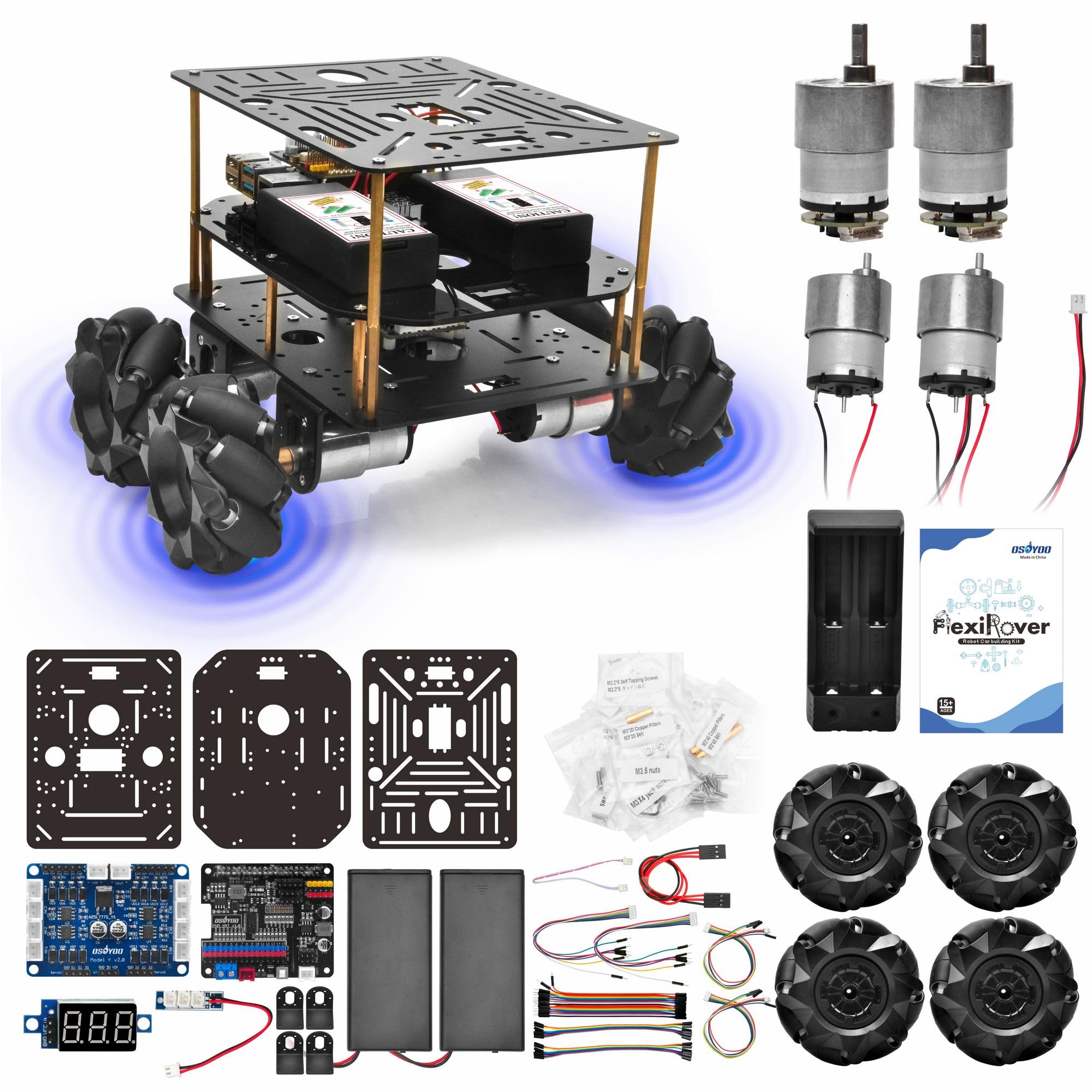 OSOYOO FlexiRover Robot Car Kit para Raspberry Pi - Compatible con Pi 2/3/4/5, 520 Motores con codificadores, ruedas Mecanum, servo soporte y sistema de batería de alta capacidad (no Raspberry Pi