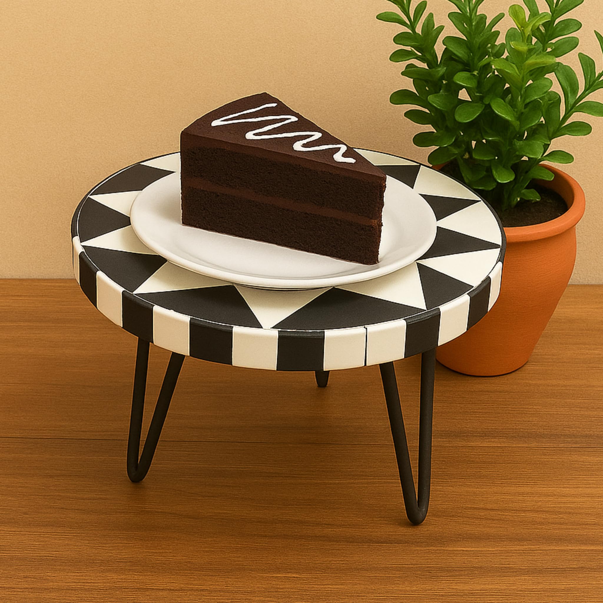 The RAAVYA Handcrafted Wooden Cake Stand with Twisted Metal Legs Black White Geometric Quill Design 10 Inch Round Opulent Display Tray for Cakes Pastries Cupcakes Weddings Birthdays Cafes & Gifting 3