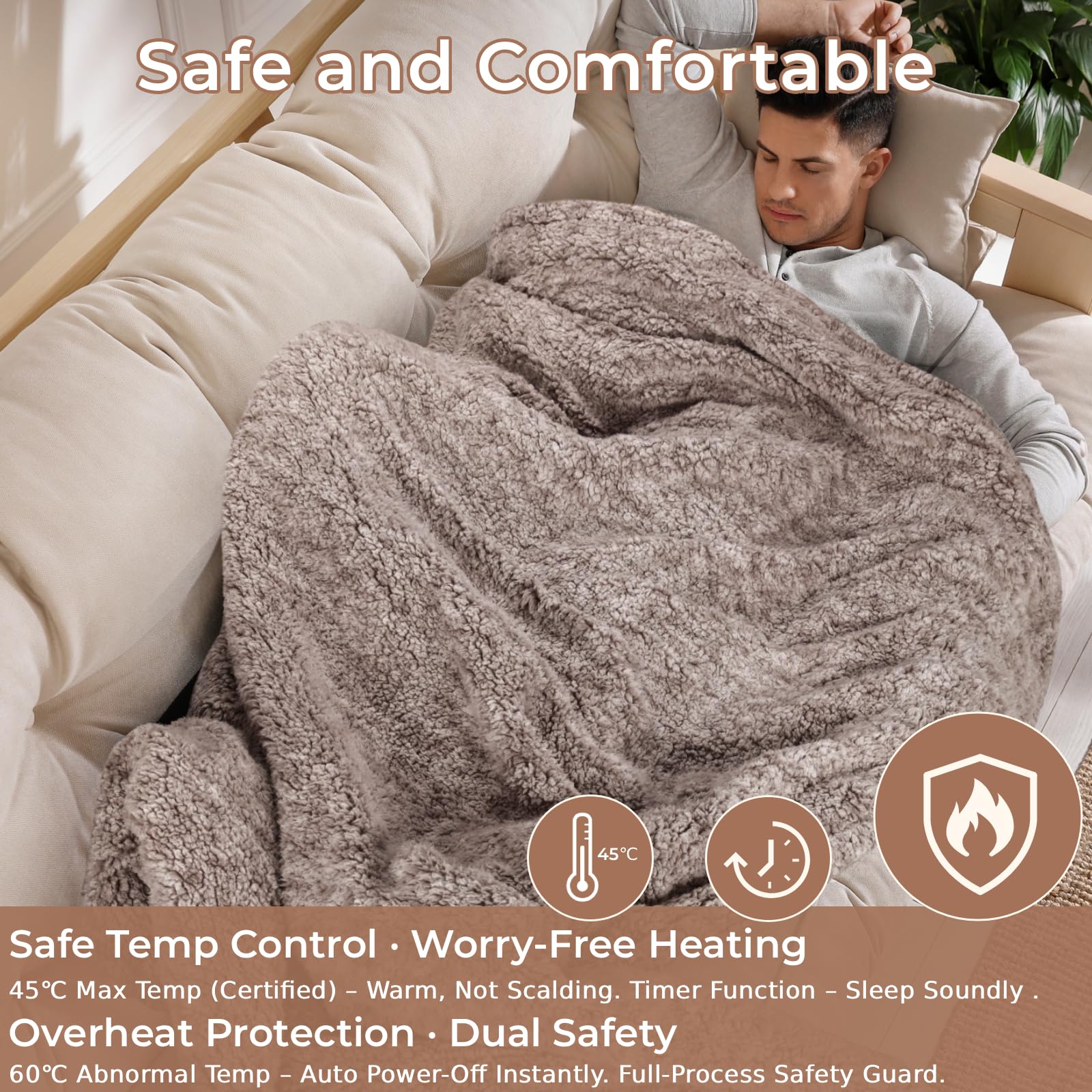 TLGREEN Heizdecke 180x130 cm, Flauschig elektrische Wärmedecke Lammfell-Look mit Abschaltautomatik, Reversibel, Überhitzungsschutz, Timer, 9 Temperaturstufen, Waschbar, Kuscheldecke für Sofa Bett Büro