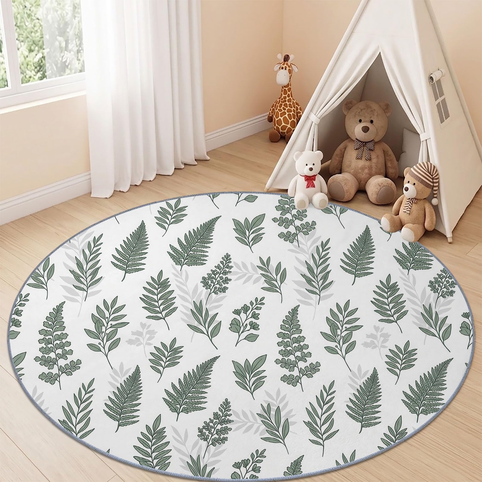 Générique Tapis Rond 180 cm Lavable Machine, Moquette Antidérapante Poil Bas Style Feuille Plantes Et Fleurs, Motif Branches De Fougères Et Feuilles Minimalistes Doux pour Chambre À Coucher, Vert