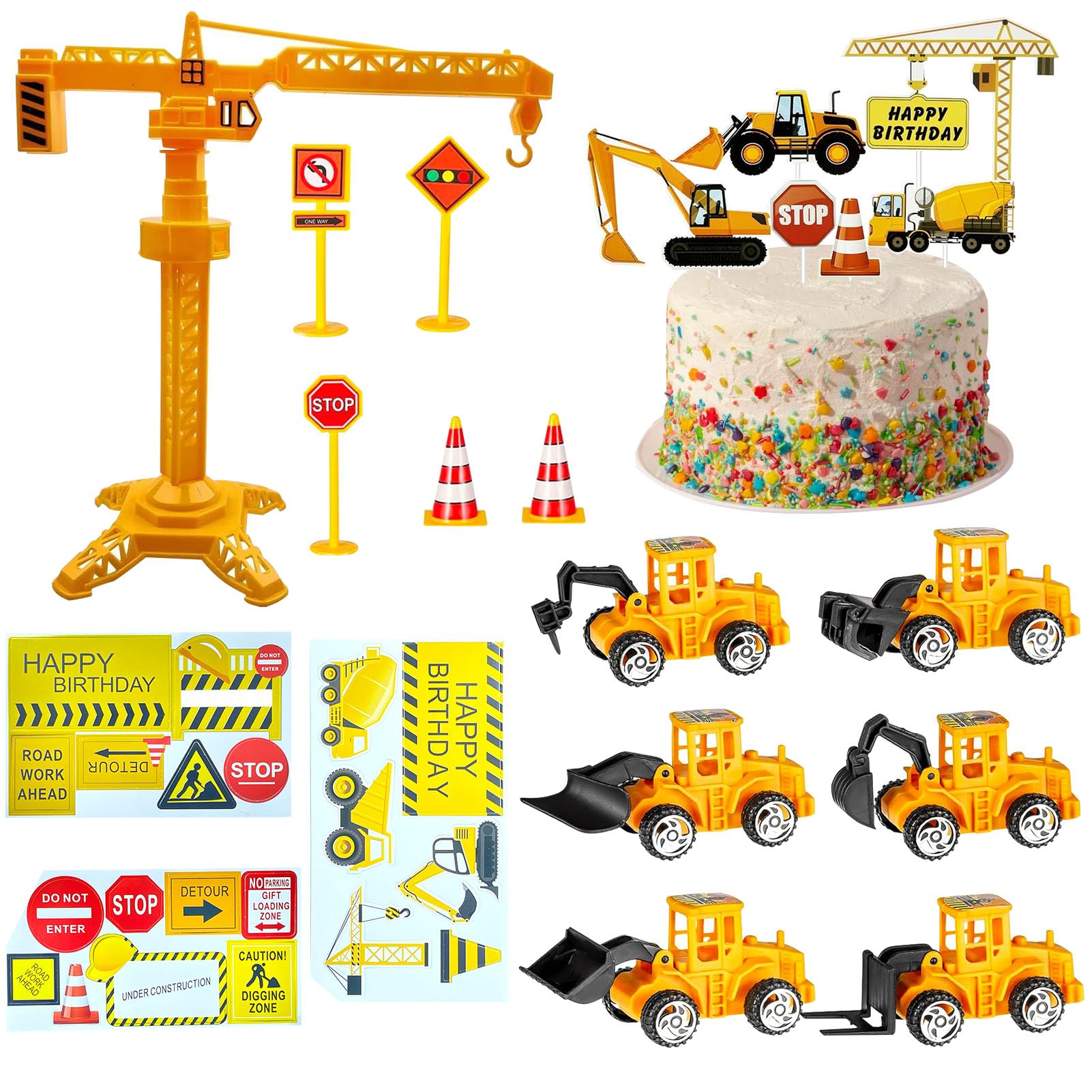 SEPSCO Digger Cake Topper, Tractor Cake Topper 39Pcs Construction Party Decorations Engineering Vehicle Cupcake Toppers Mini Crane Excavator Traffic Road Sign Set for Boys Birthday Supplies