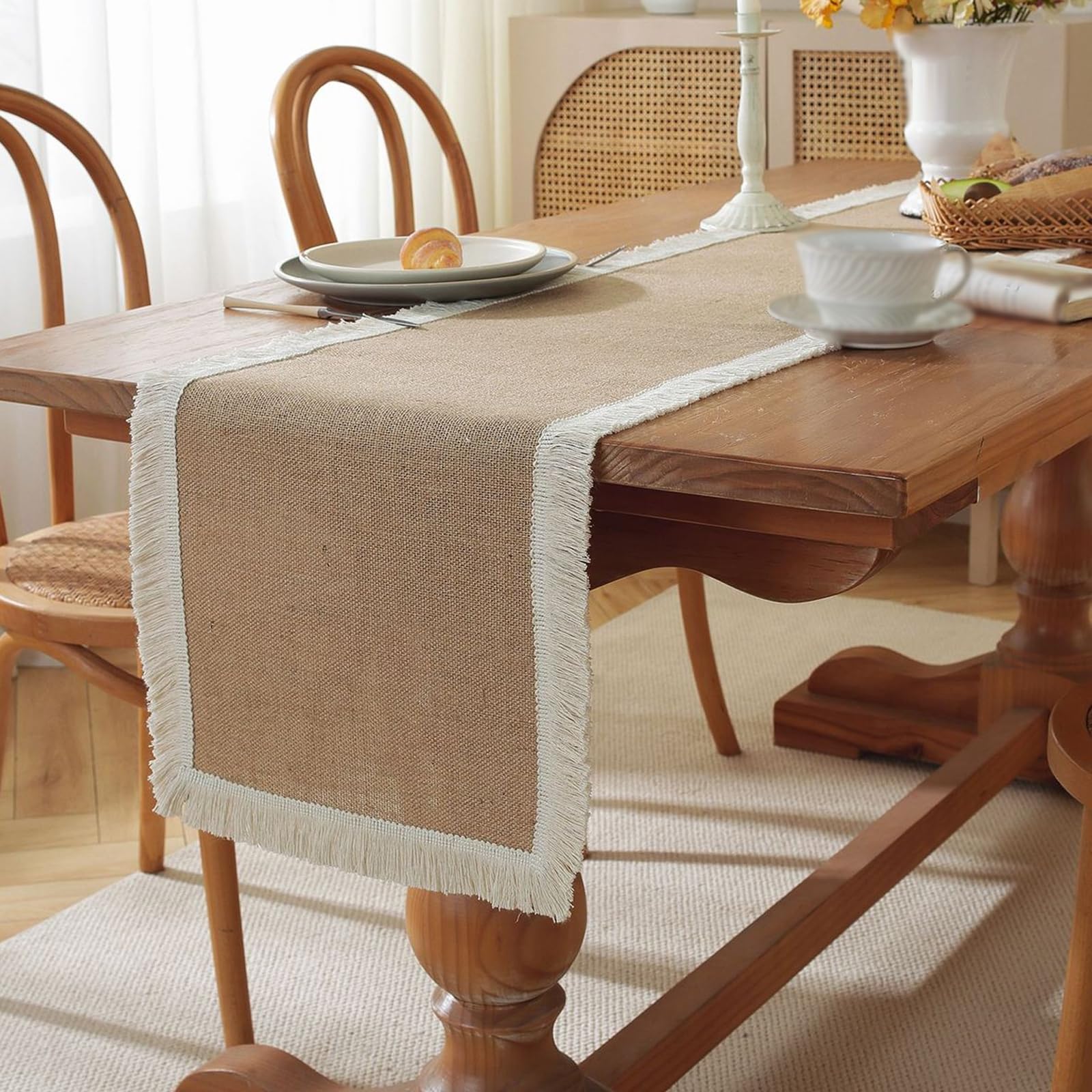 Camino de mesa de arpillera con encaje de yute natural trenzado, antideslizante, lavable a máquina, para fiestas de primavera y verano, sala de estar, estilo B (30 x 220 cm)