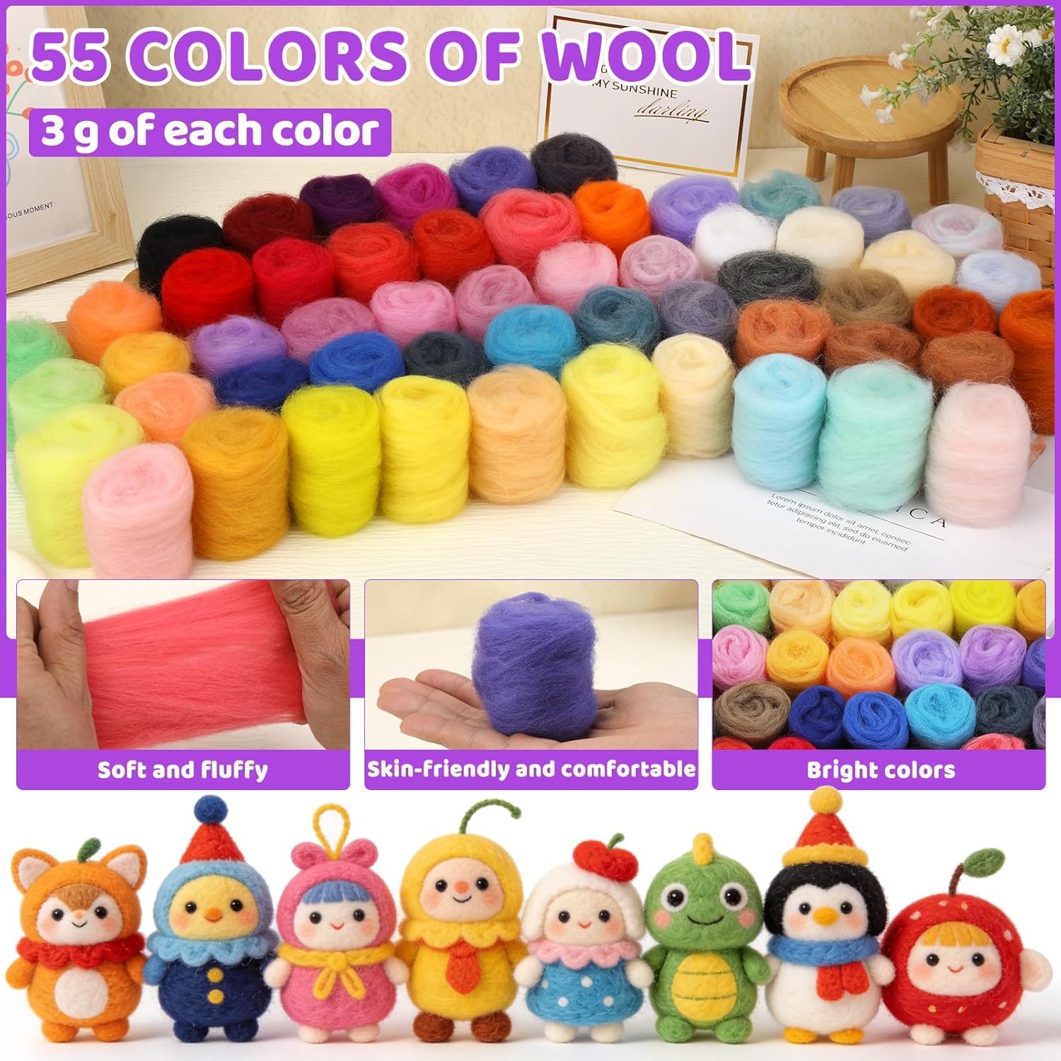 LOKUNN Needle Felting Kit, 55 Colors Felting Wool Kit with Storage Box, Felting Needles, Pad, Felt Craft Kit for Beginners Needle Felting Tools Kit for DIY Craft Home Decoration